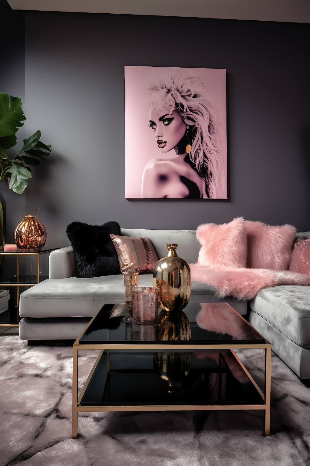 A Chic Living Room With Dark Grey Walls, A Velvet Sofa With Pink Pillows, A Glass Coffee Table, And A Pop-Art Portrait In Pink Tones.