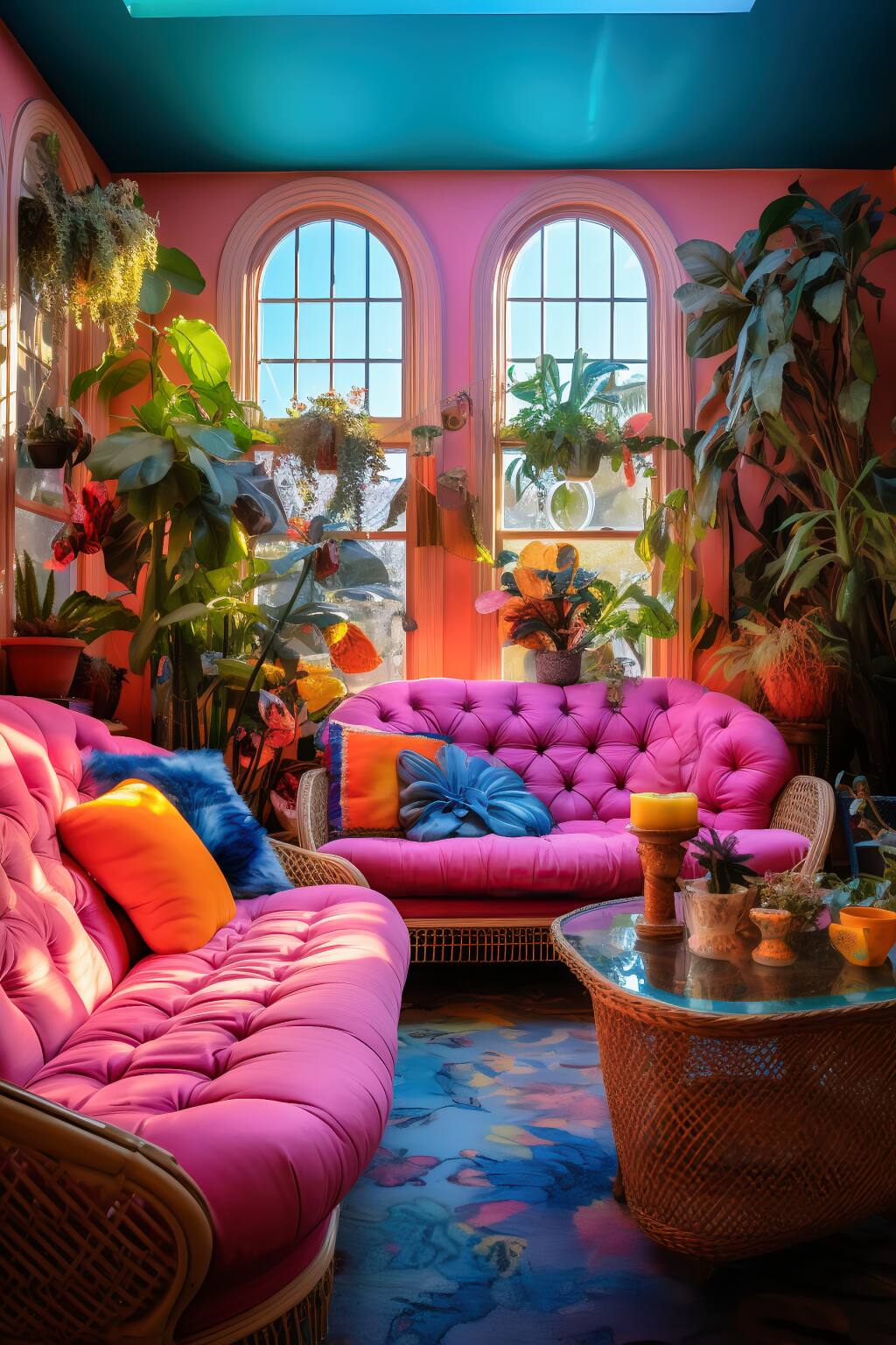 Vibrant Bohemian Living Room In Pink And Turquoise, Featuring A Tufted Ottoman, Peacock Chair, And Layered Textiles.