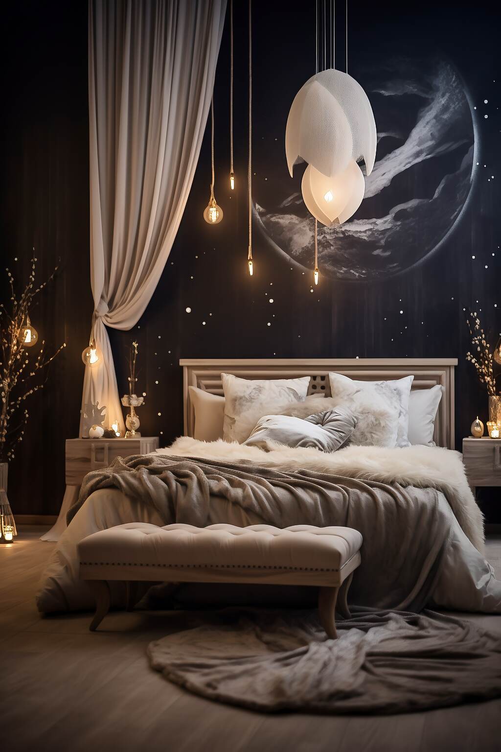 Spacious Dark Boho Bedroom With A Silver &Amp; White Color Scheme, Featuring Moon Artwork, Silk Textiles, And Crystal Chandelier, Creating A Graceful And Sophisticated Atmosphere.