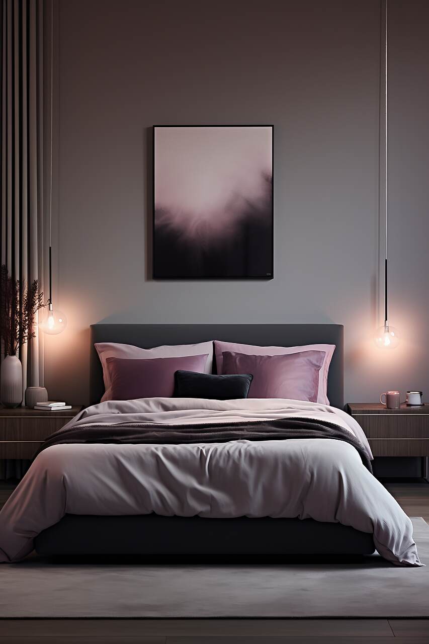 A Spacious Minimalist Bedroom With A Sophisticated Plum And Grey Color Scheme, Featuring Streamlined Furniture, A Platform Bed With A Plush Blanket, Abstract Art, And Dimmable Recessed Lighting, Creating A Calm And Romantic Atmosphere.