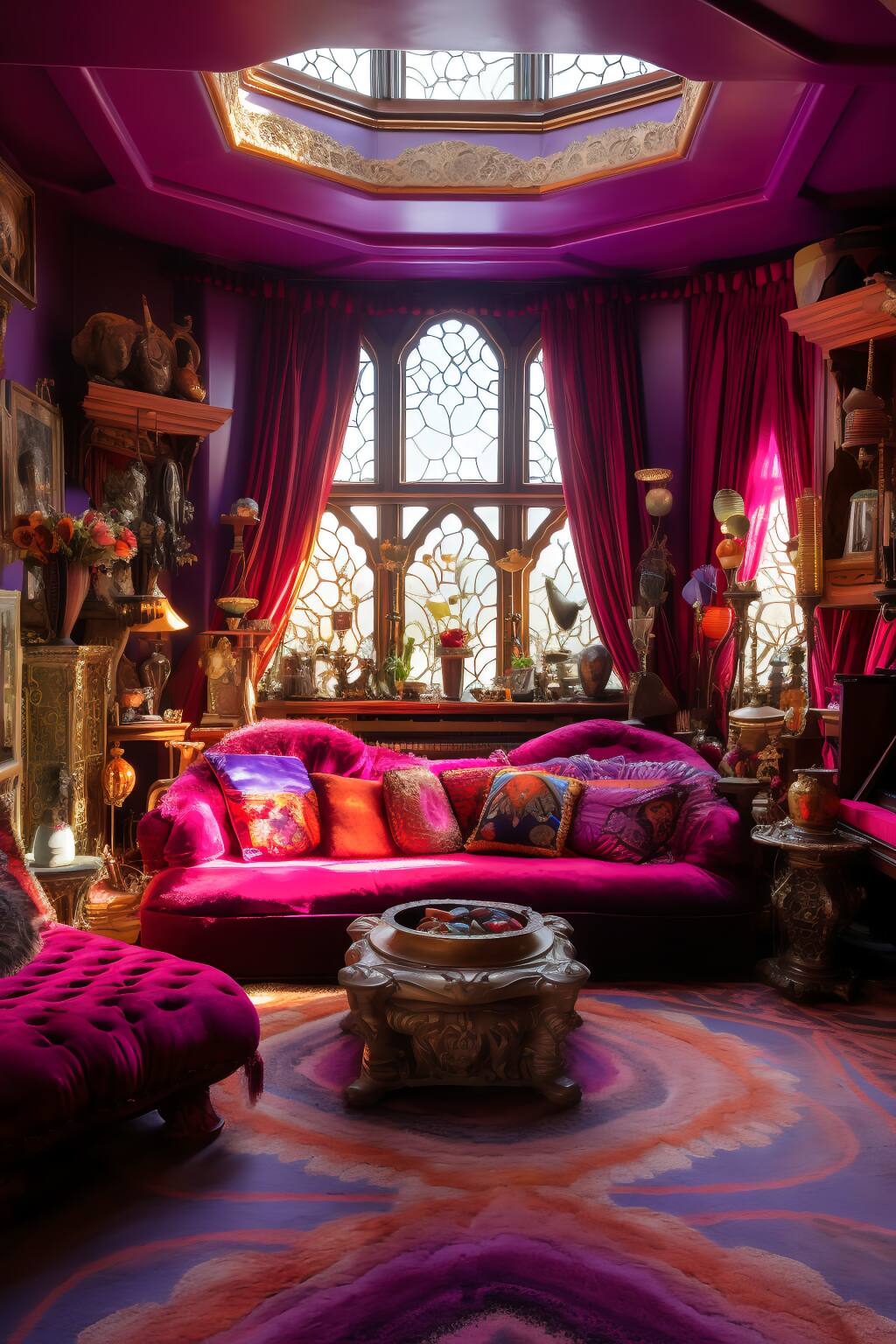 Luxurious Bohemian Living Room In Purple And Gold, Featuring A Velvet Loveseat, Brass Side Table, And Ornate Mirrors.