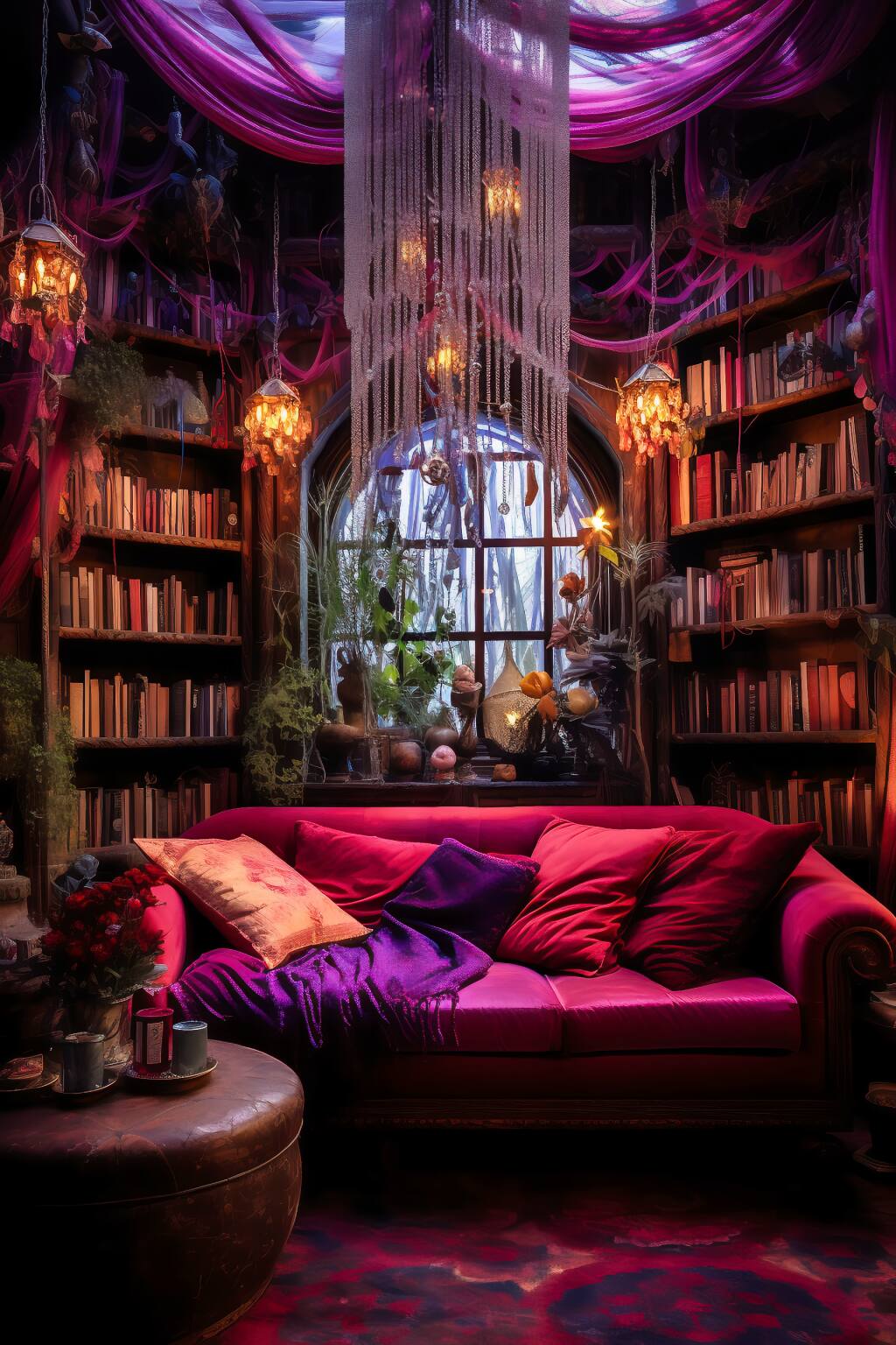 Bohemian Living Room In Purple And Magenta, Featuring A Velvet Chaise Lounge, Ornate Bookshelves, And Dreamcatchers.