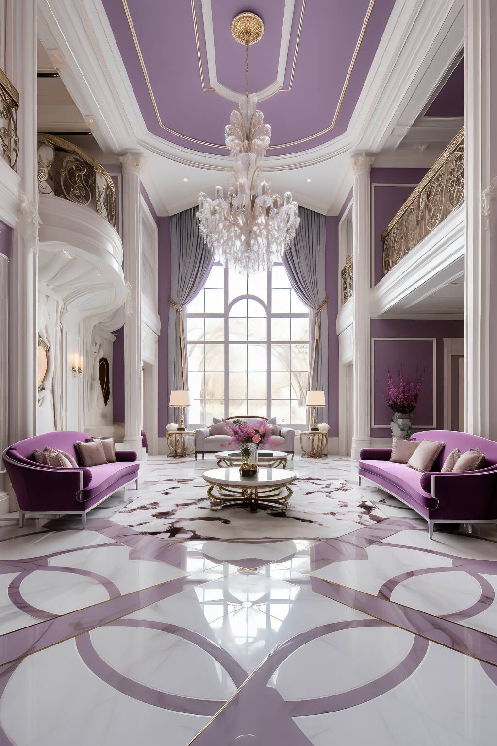 Ein luxuriöses Wohnzimmer mit lilafarbenen Samtsofas, einem weiß-goldenen Couchtisch und goldgerahmten Sesseln im Schein eines Kristallkronleuchters vor weißen architektonischen Details und einem Marmorboden.