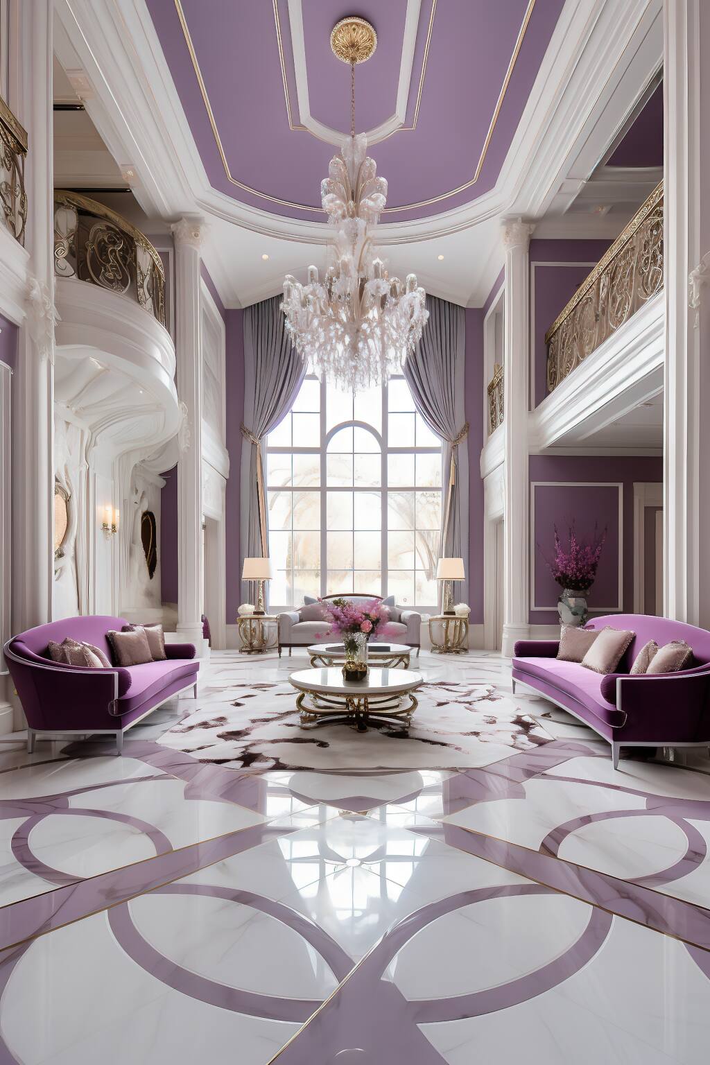 A Luxurious Living Room Adorned With Purple Velvet Sofas, A White And Gold Coffee Table, And Gold-Framed Side Chairs Under The Glow Of A Crystal Chandelier, Set Against White Architectural Details And A Marble Floor.