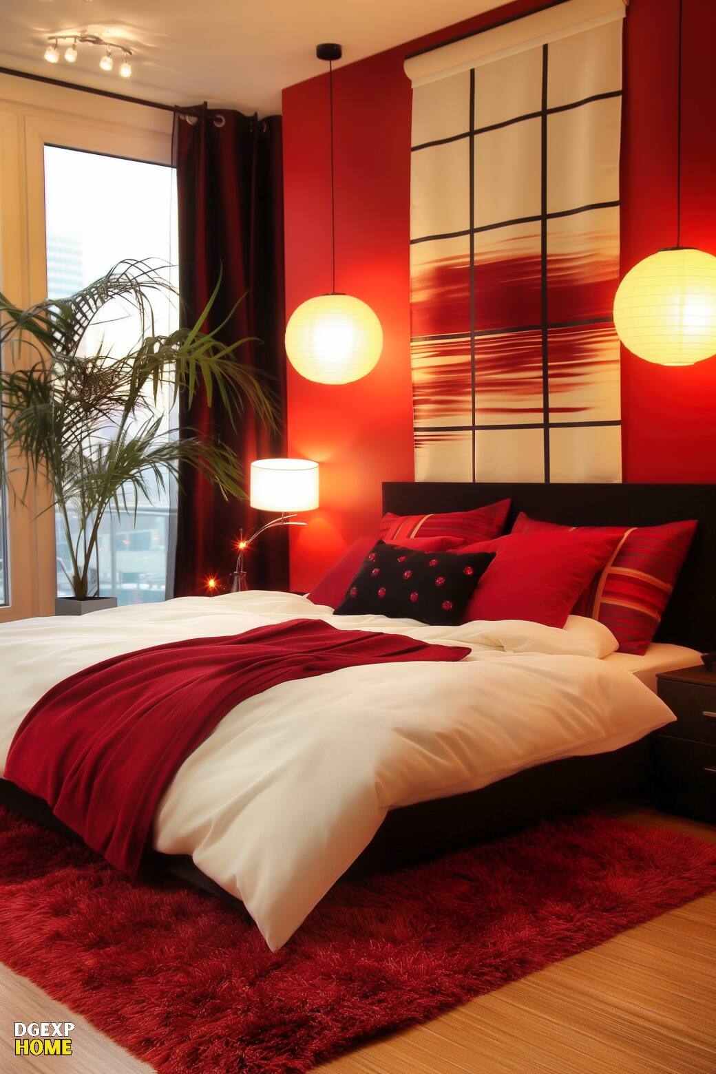 Schlafzimmer mit warmen Rot- und Orangetönen und sanfter Beleuchtung