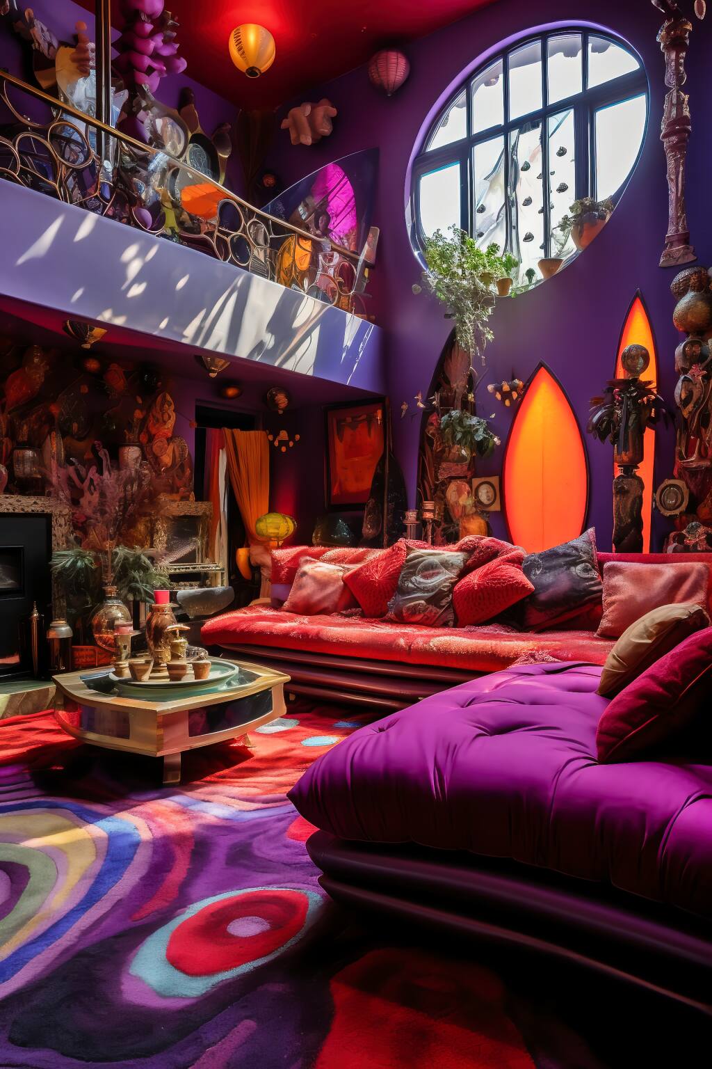 Dynamic Bohemian Living Room In Red And Purple With Leather Poufs, Moroccan Rug, And Abstract Paintings.