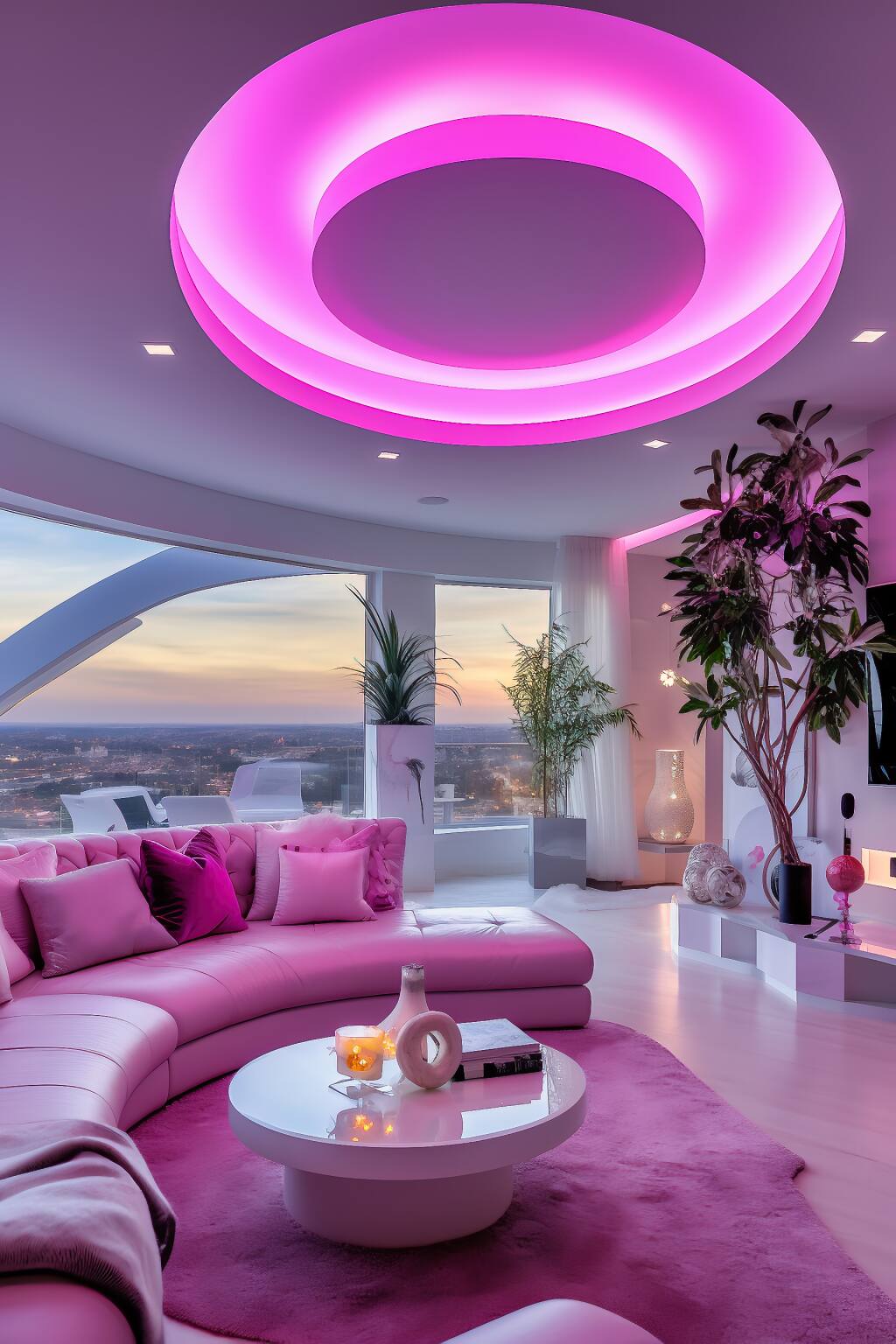 A Modern Living Room With Fuchsia Lighting, Pink Sofas, And A Panoramic City View At Twilight, Embodying A Romantic Urban Vibe.