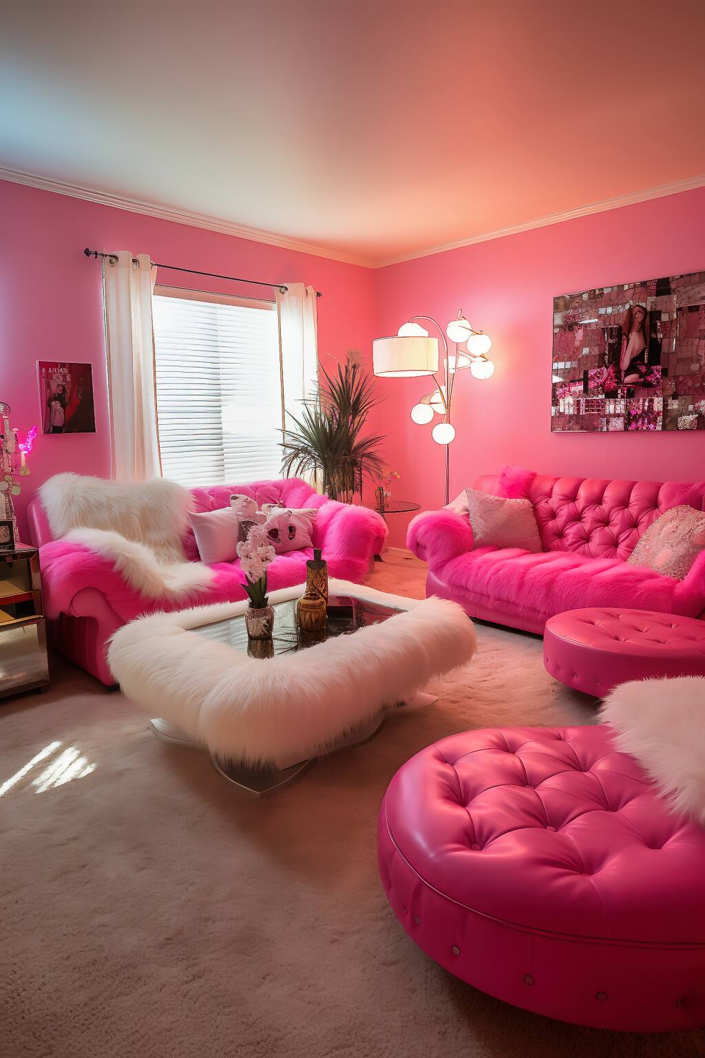 A Glamorous Living Room With Fuchsia Walls And Furniture, White Faux Fur Accents, And A Modern Glass Coffee Table Under A Warm, Ambient Glow.