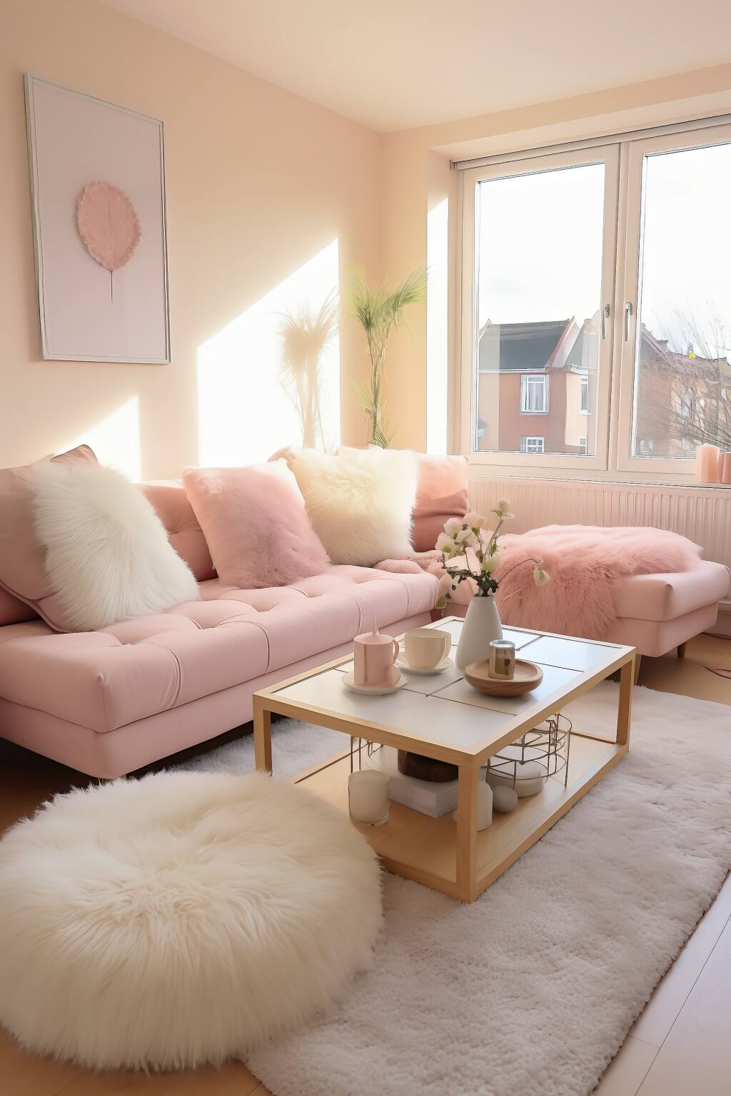 A Cozy Modern Romantic Living Room With Pastel Pink Sofas, White Faux Fur Pillows, A White Fluffy Rug, And A Wooden Coffee Table In A Sunlit Space.