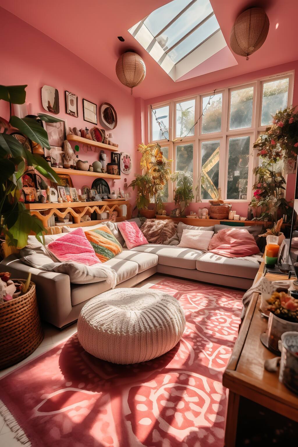 A Cozy Romantic Bohemian Living Room With Pink Walls, Modular Sofas With Colorful Pillows, Indoor Plants, And Sun Streaming Through The Skylight.