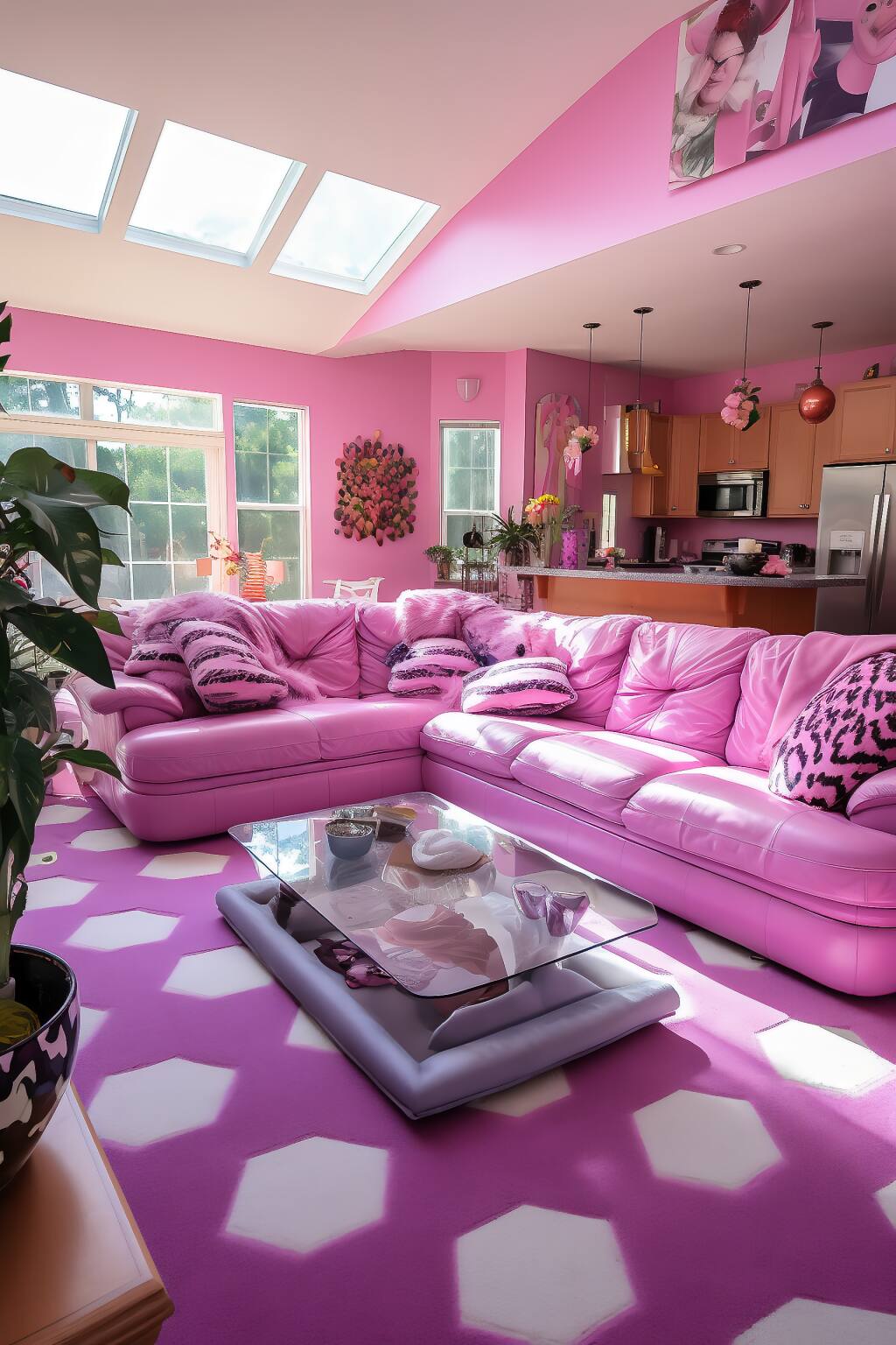 An Eclectic Romantic Living Room With A Pink Leather Sofa, Geometric Pink And White Carpet, And Vibrant Decor Elements, Under Natural Skylight Illumination.