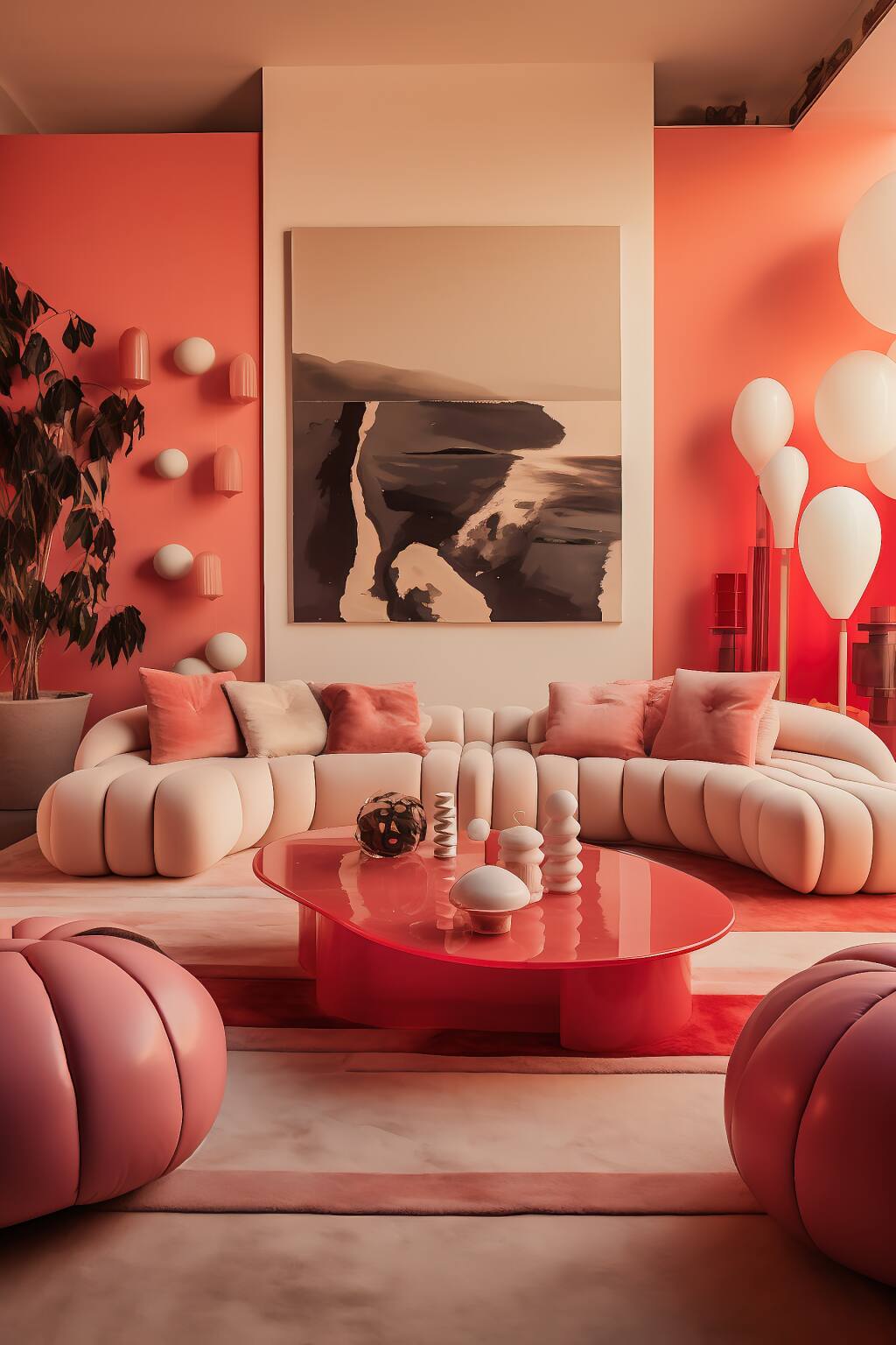 A Luxurious Minimalist Living Room With Peach-Pink Tones, A Red Coffee Table, And Romantic, Chic Decor.