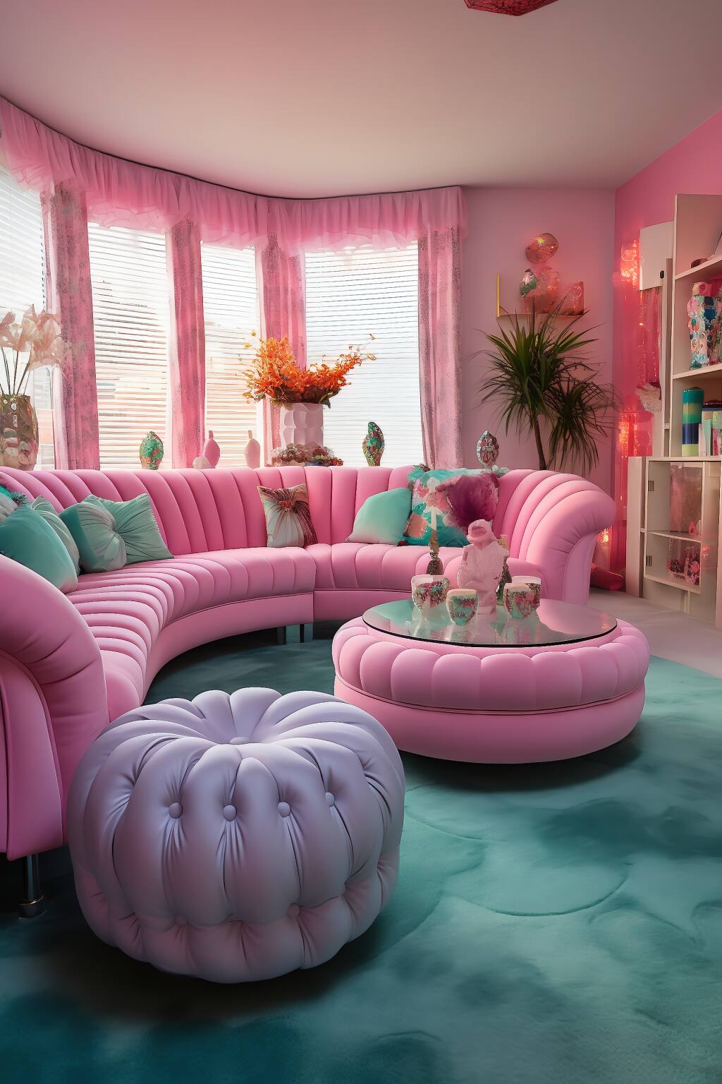 A Romantic  Retro Living Room With Pink Curved Sofas, Pink Tufted Ottomans, And A Teal Rug Under Soft Lighting.