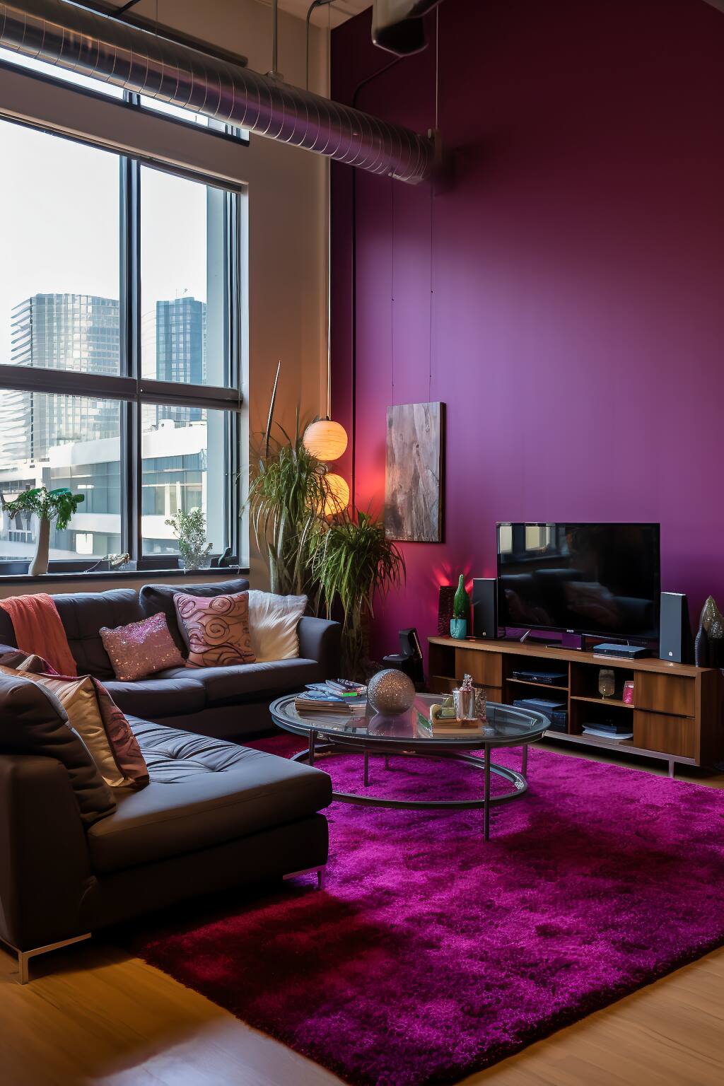 A Chic Urban Romantic Living Room With Magenta Walls, A Dark Grey Sofa With Pink Pillows, A Lush Shag Rug, And Modern Decor Elements.