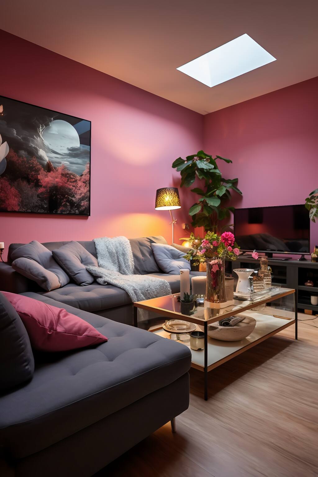 A Modern Living Room With Pink Walls And Ceiling, Featuring A Grey Sectional Sofa, Glass Coffee Table, And Indoor Plants.