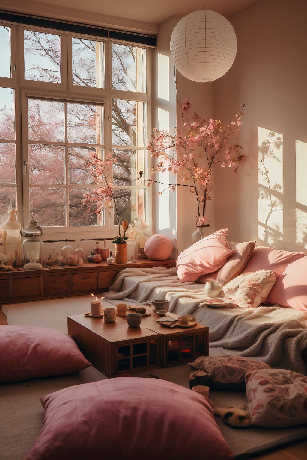 A Romantic And Serene Living Room With Low Seating, Pink Pillows, Cherry Blossoms, And A Warm, Sunlit Ambiance.