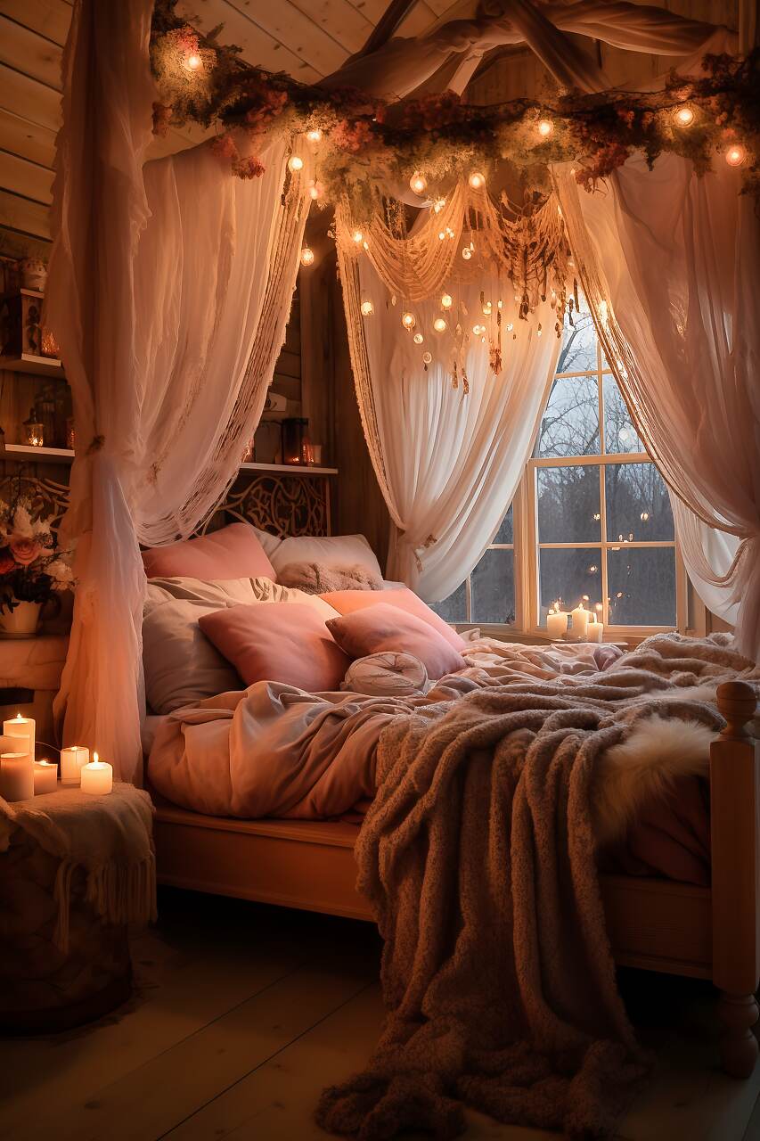 A Medium-Sized Bohemian Bedroom With A Rose Gold And Cream Color Scheme, Featuring Eclectic Furniture, A Four-Poster Bed With A Plush Blanket, Tapestry Art, And Fairy Lights, Creating A Warm And Romantic Atmosphere.