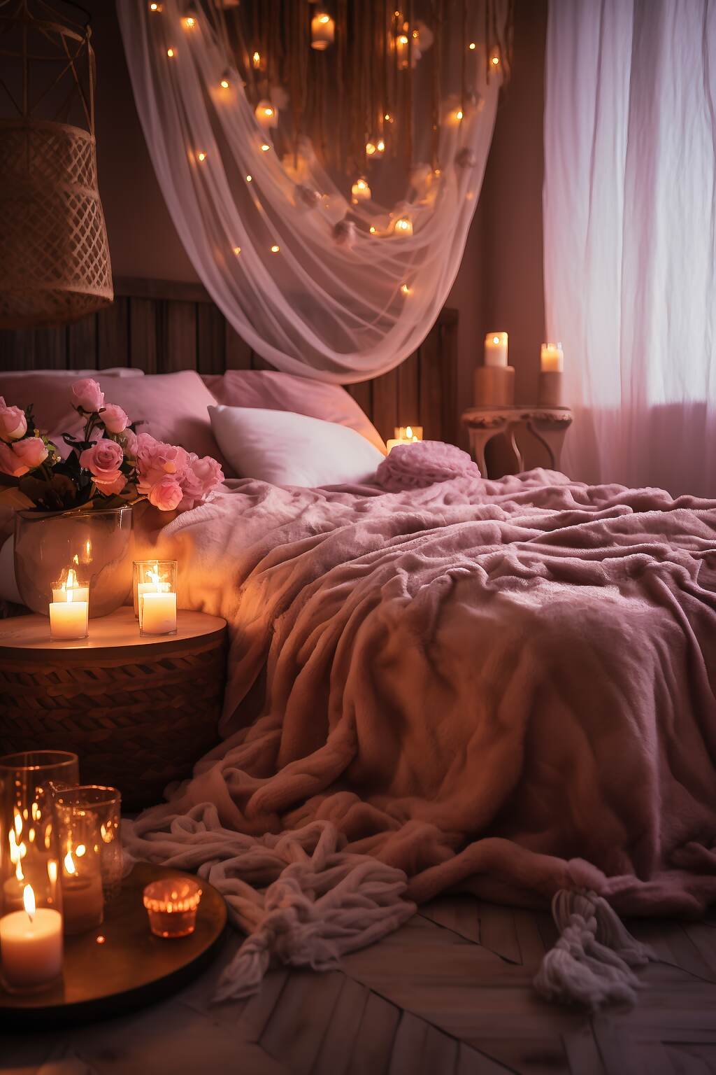 Medium-Sized Dark Boho Bedroom With A Pink &Amp; Cream Color Scheme, Featuring Rose Petal Decor, Lace Textiles, And Floral Art, Creating A Romantic And Soft Atmosphere.