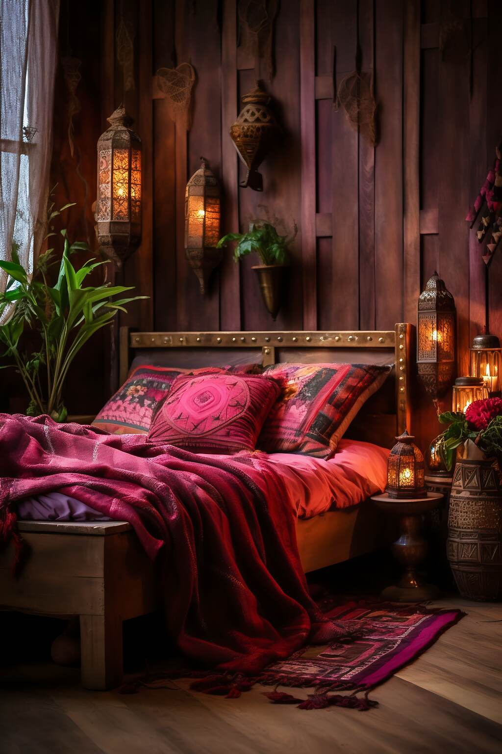 Compact Dark Boho Bedroom With A Red &Amp; Grey Color Scheme, Featuring Patchwork Quilts, Distressed Wood, And Gypsy Art, Creating A Free-Spirited And Eclectic Atmosphere.