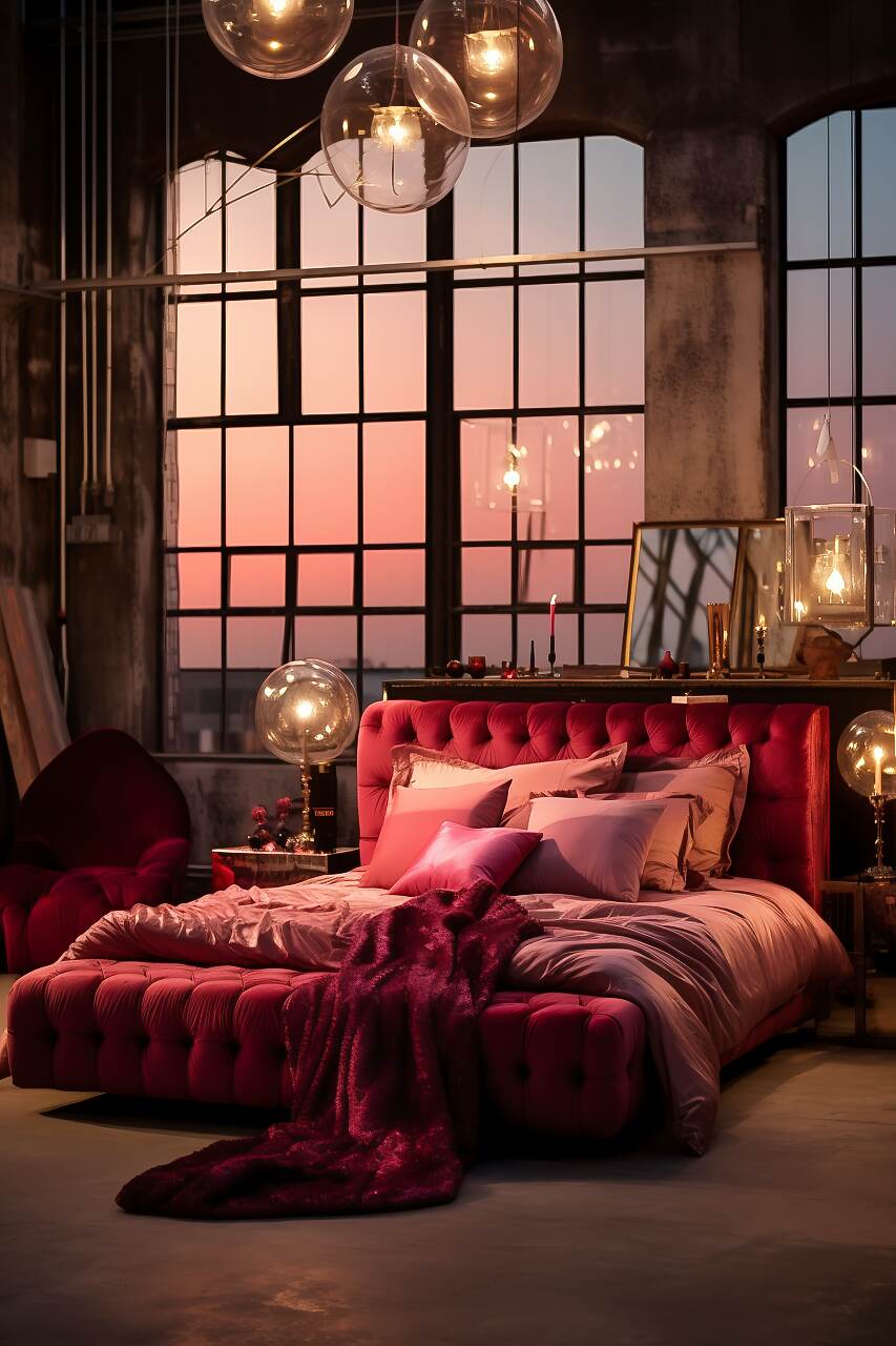 A Large Industrial Bedroom With A Radiant Ruby And Champagne Color Scheme, Featuring Raw Furniture, A Wrought Iron Bed With A Plush Blanket, Urban Art, And Exposed Bulb Lighting, Creating A Passionate And Romantic Atmosphere.