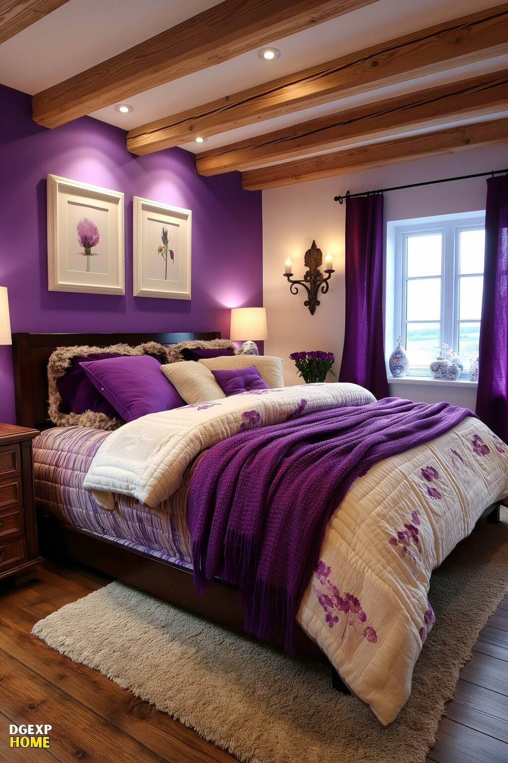 Rustikales Schlafzimmer mit freiliegenden Holzbalken, floraler Kunst, violetten Vorhängen und gemütlicher Bettwäsche.