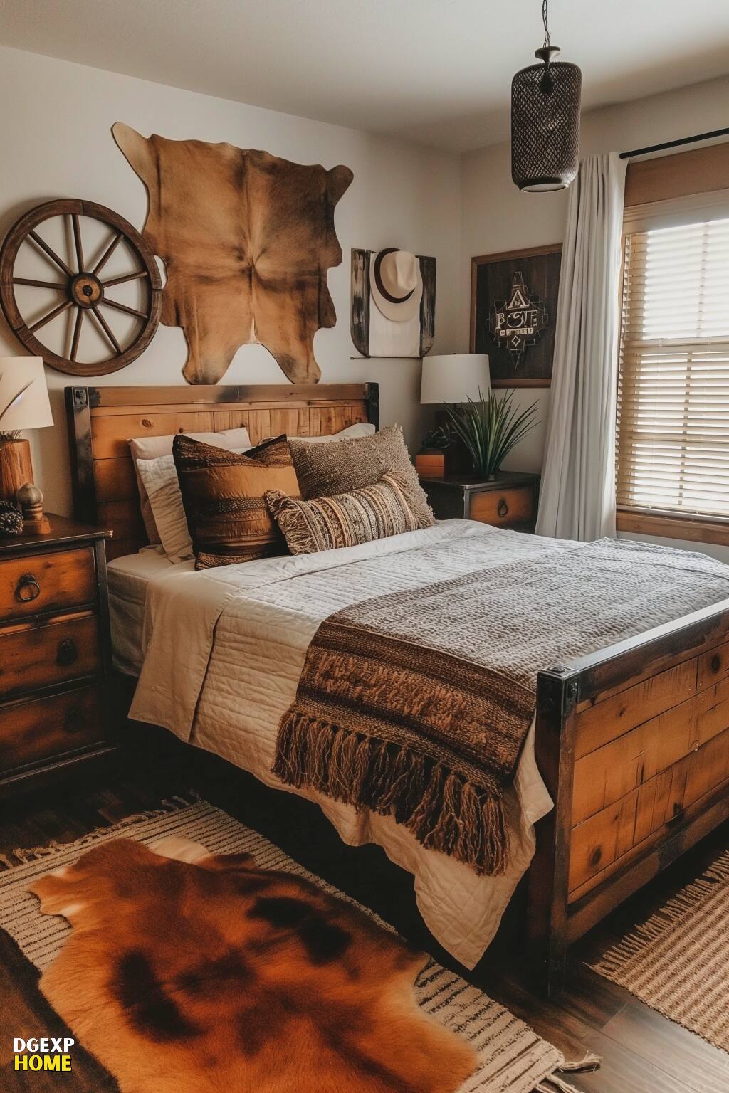 Western Bedroom With Reclaimed Wood Bed, Vintage Textiles, Layered Rugs, Leather Wall Decor, And Industrial Light Fixture