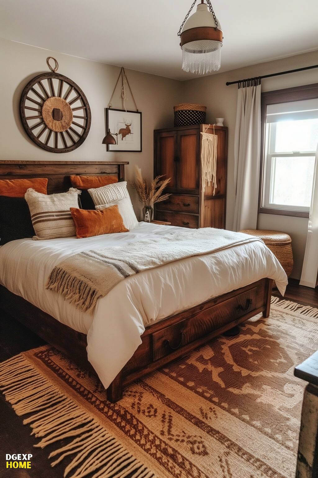 Western Bedroom With Reclaimed Wood Bed, Wagon Wheel Wall Decor, Soft Throws, Woven Rugs, And Rustic Wood Nightstand