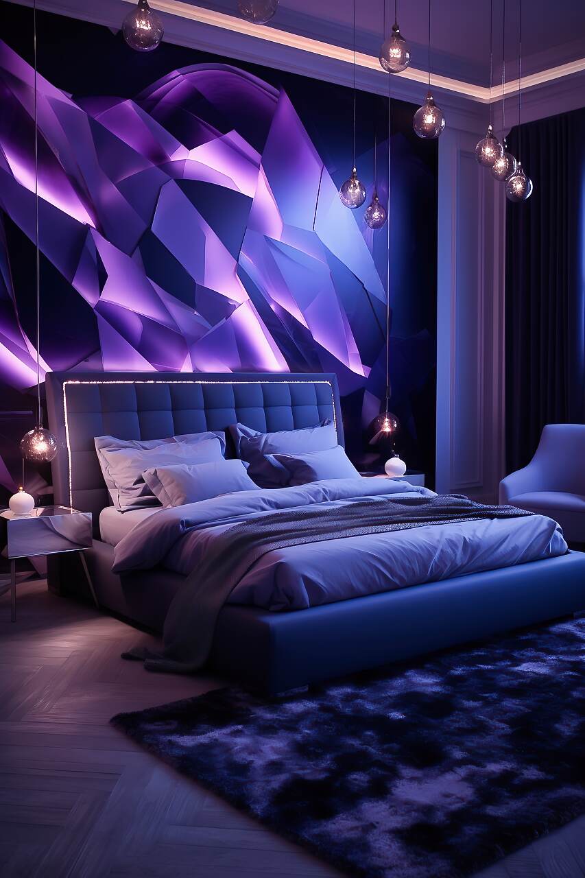 A Large Contemporary Bedroom With A Sleek Sapphire And Silver Color Scheme, Featuring Modern Furniture, A Platform Bed With A Plush Blanket, Geometric Art, And Led Strip Lighting, Creating A Sophisticated And Romantic Atmosphere.