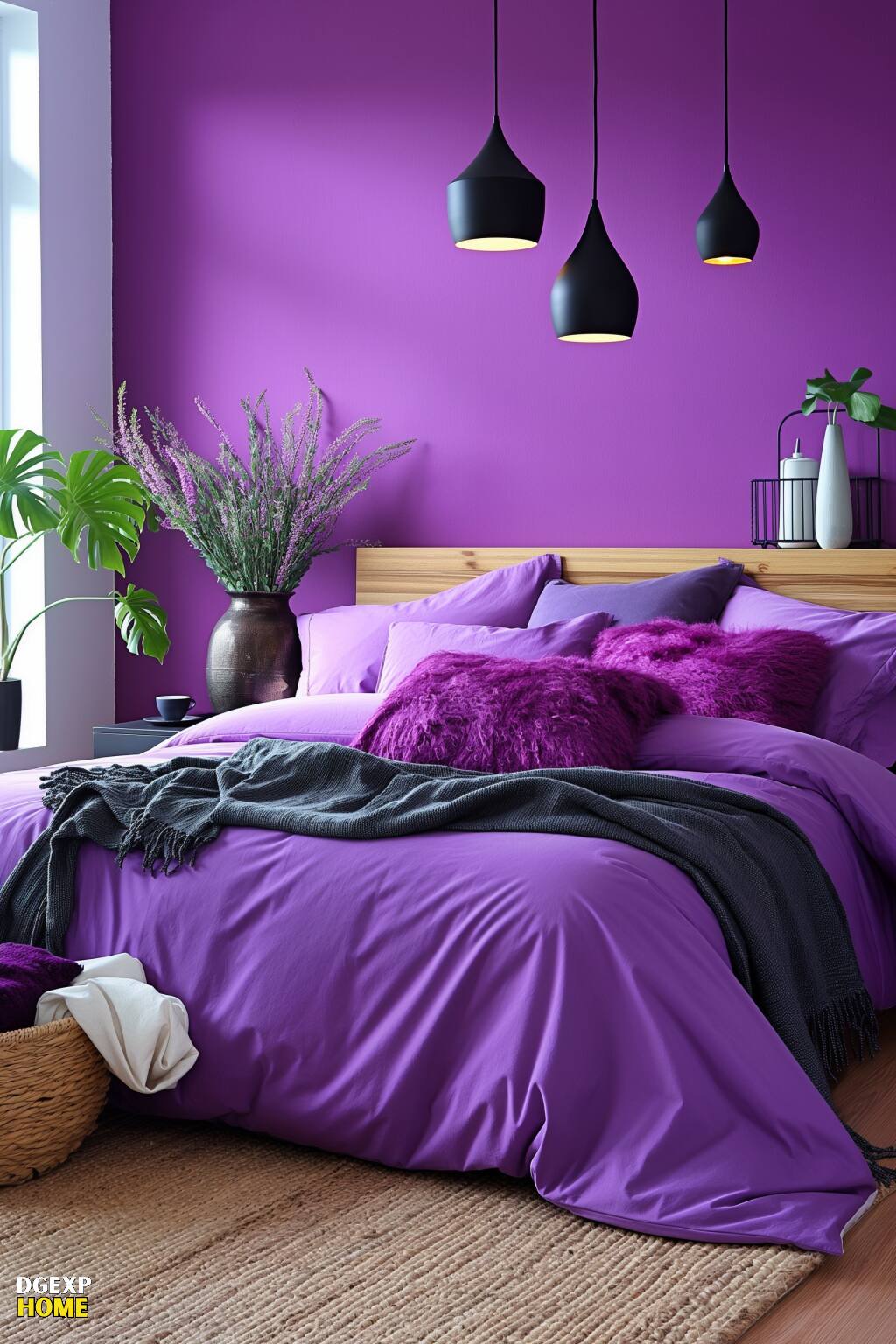 Minimalistisches skandinavisches Schlafzimmer mit weichen lila Akzenten, großen Fenstern und modernen Möbeln.