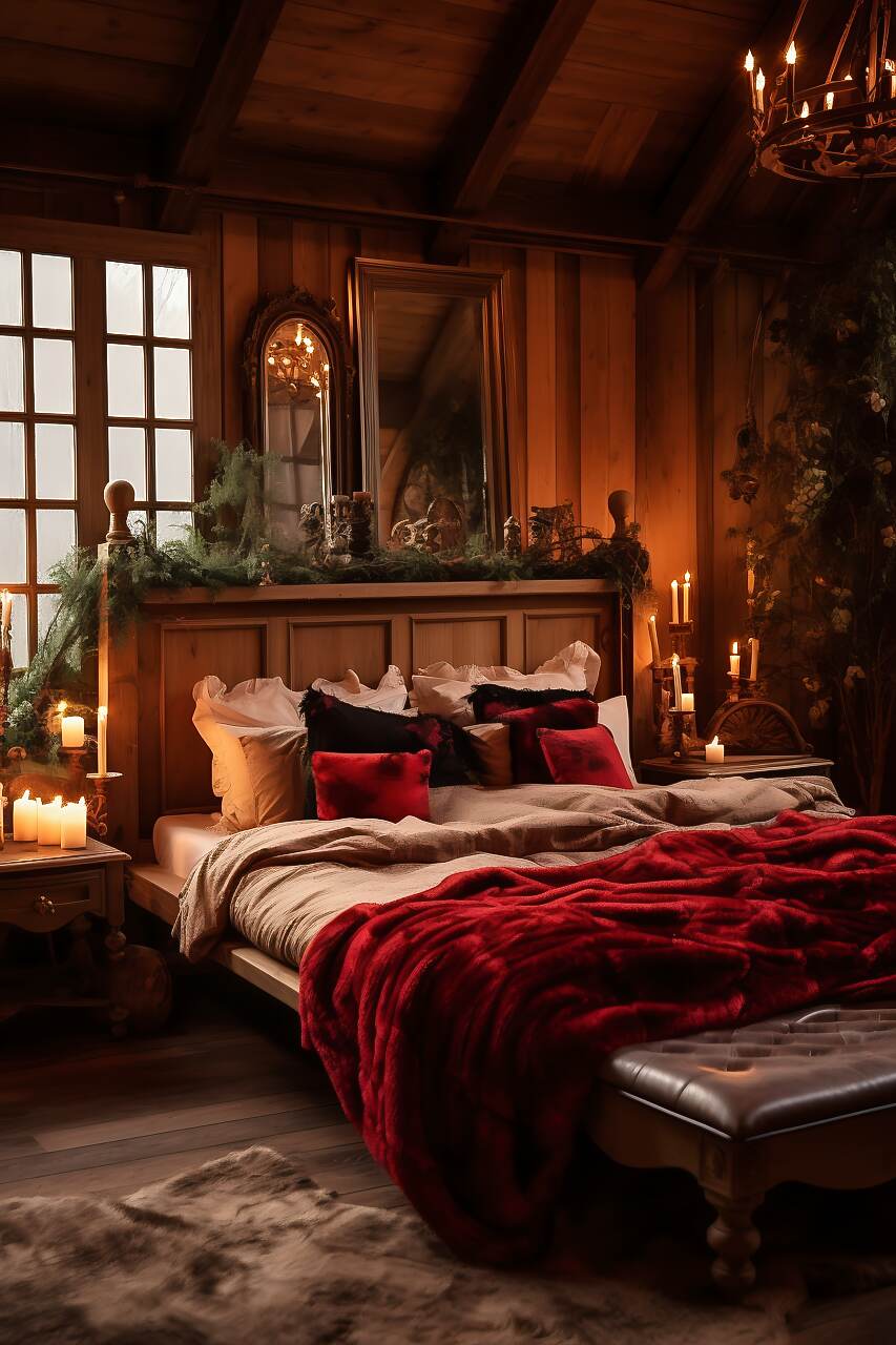 A Medium-Sized Rustic Bedroom With A Sensual Scarlet And Beige Color Scheme, Featuring Natural Wood Furniture, A Log Bed With A Plush Blanket, Wildlife Art, And A Wrought Iron Chandelier, Creating A Warm And Romantic Atmosphere.