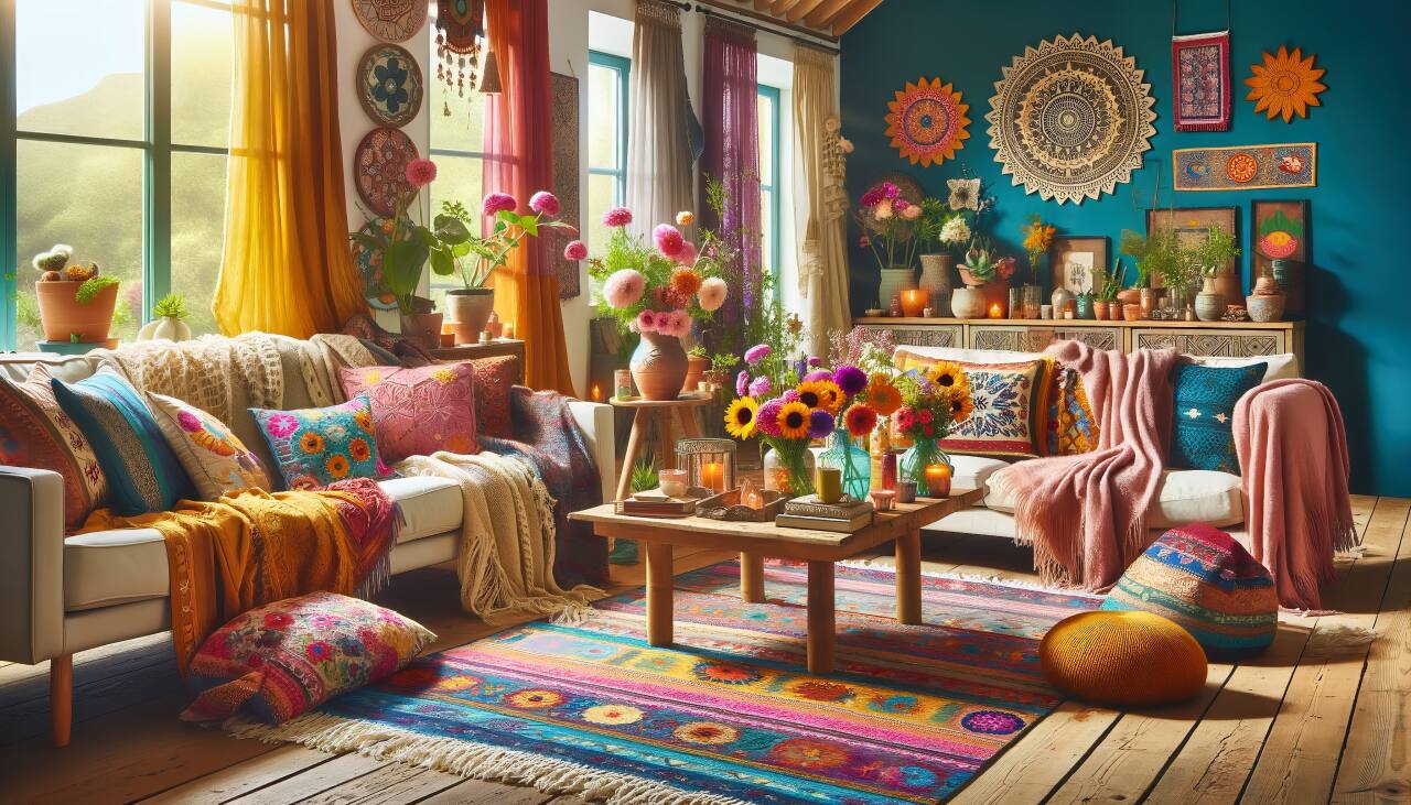 A Bohemian Living Room That Transitions With The Seasons, Featuring Summer Flowers And Winter Throws.