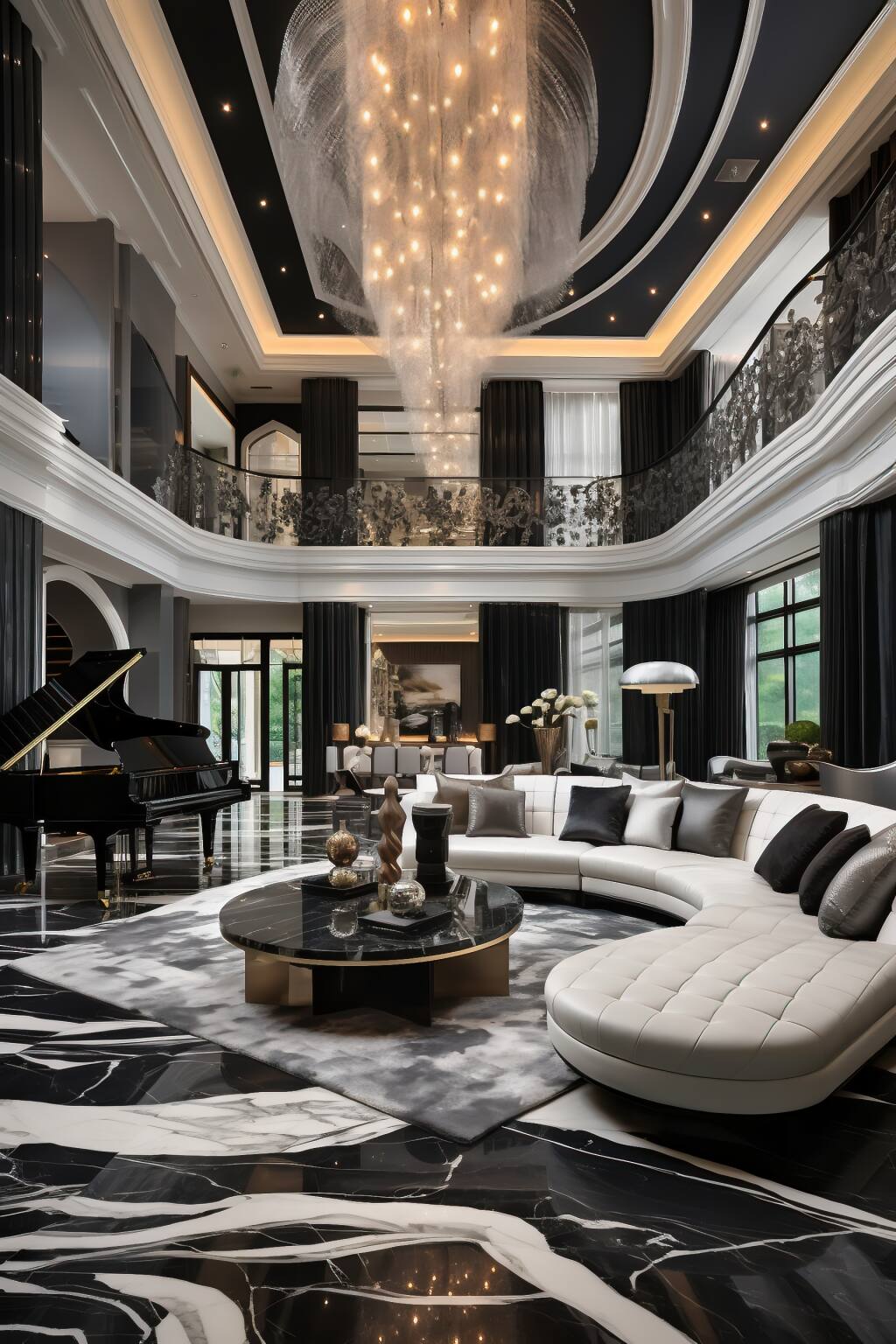 A Luxurious Living Room Featuring A Black Leather Sectional, Silver Decorative Sculptures, And A White Marble Coffee Table, All Illuminated By A Grand Chandelier And Natural Light.