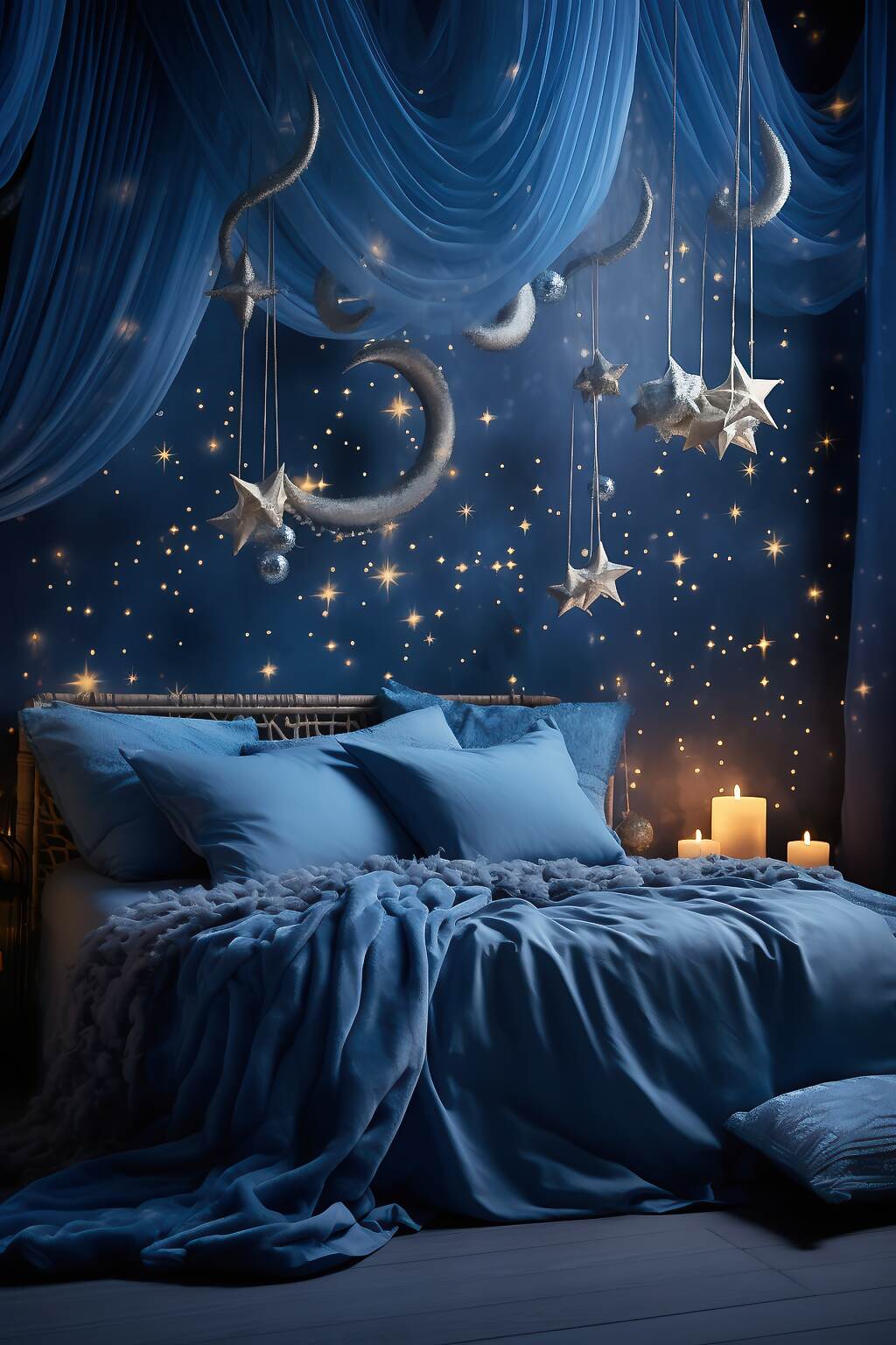 Medium-Sized Dark Boho Bedroom With A Blue &Amp; White Color Scheme, Featuring Cloud Motif, Hanging Stars, And Skyline Art, Creating A Dreamy And Airy Atmosphere.