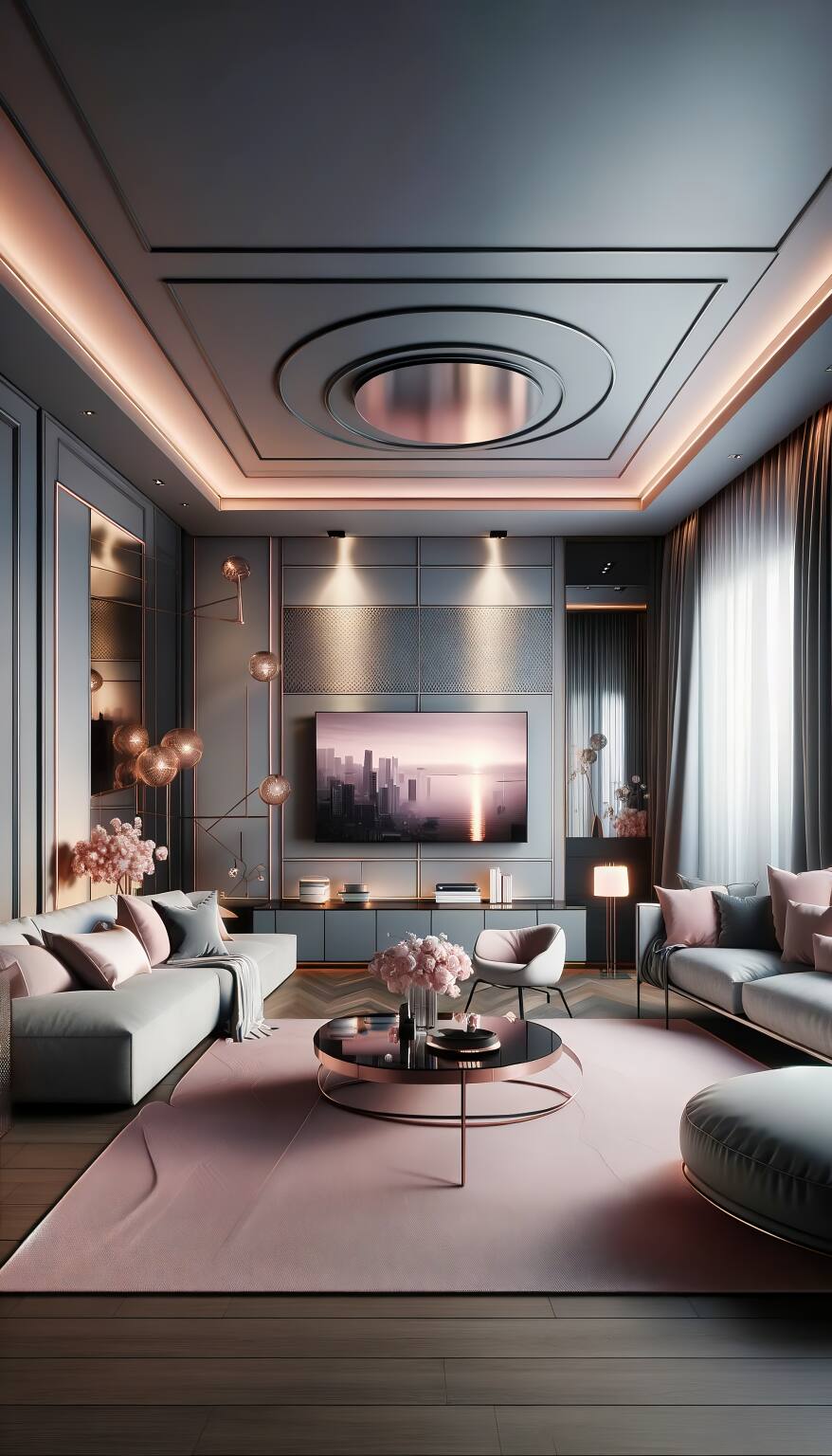 A Contemporary Romantic Living Room In Sleek Grey And Soft Blush, Creating A Chic And Modern Romantic Ambiance.