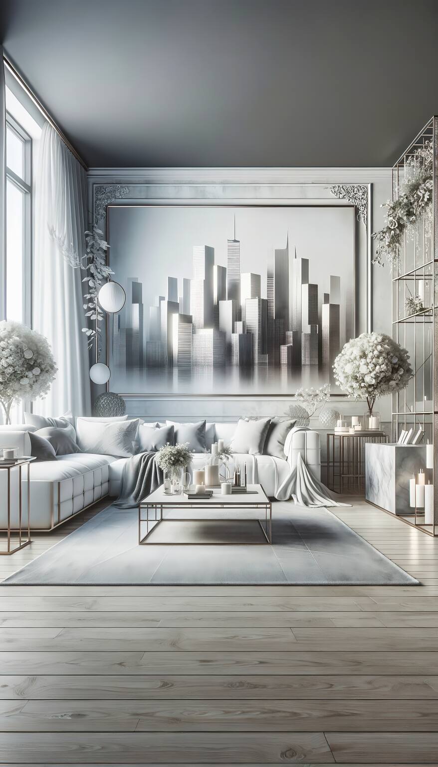 A Romantic Living Room With An Urban Chic Vibe In Sleek White And Silver, Featuring Minimalist Sofa, Contemporary Chairs, And A Modern Coffee Table, Set In A Stylish, Contemporary Ambiance.
