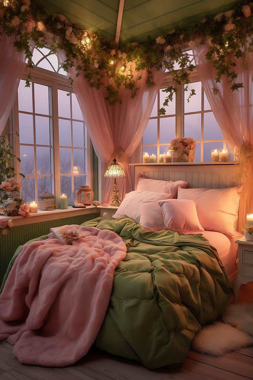 A Compact Cottage Bedroom With A Luminous Soft Pink And Olive Color Scheme, Featuring Shabby Chic Furniture, A Trundle Bed With A Plush Blanket, Floral Art, And Vintage Lanterns, Creating A Cozy And Romantic Atmosphere.