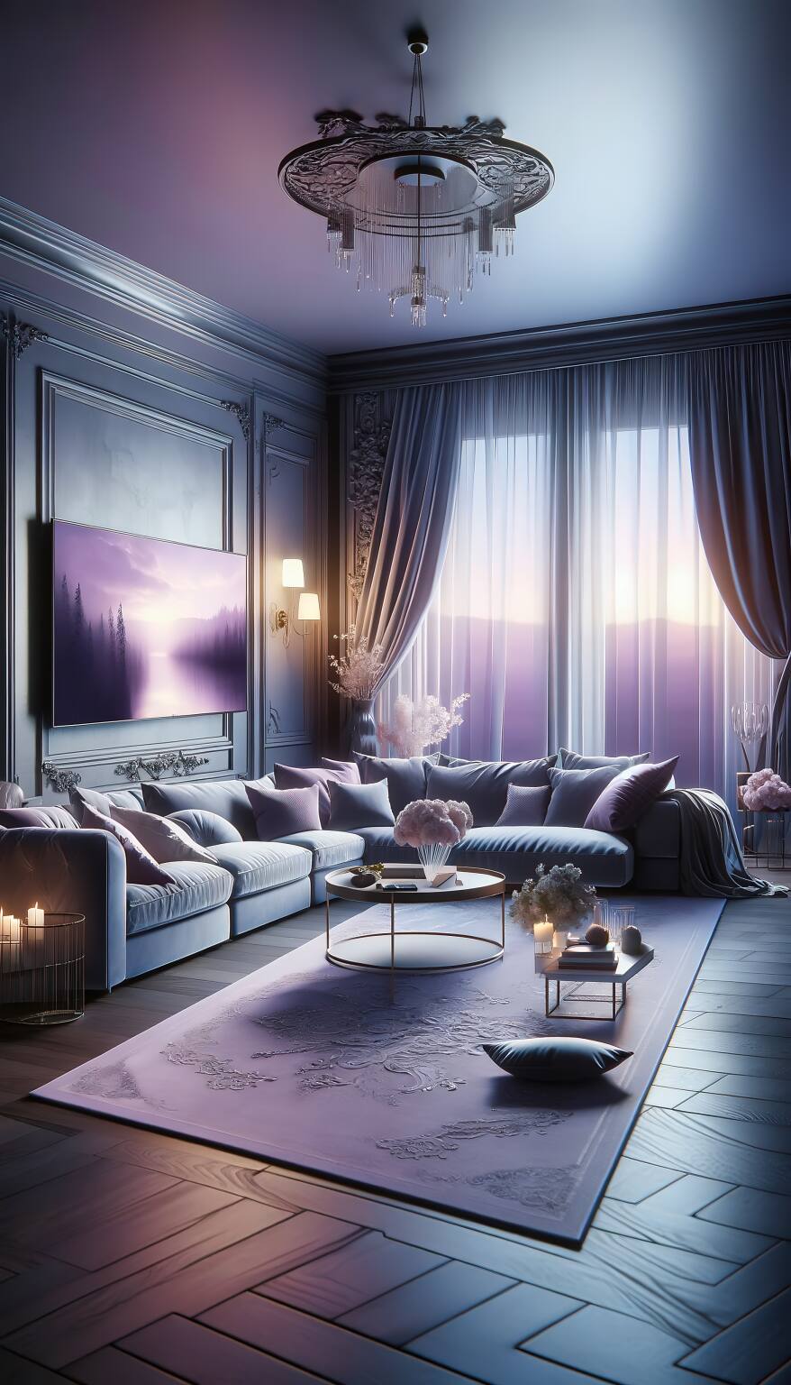 A Romantic Living Room In Soft Purple And Gray, Featuring A Cozy Sectional And A Sleek Flat-Screen Tv, Set In A Tranquil, Dreamy Twilight Atmosphere.