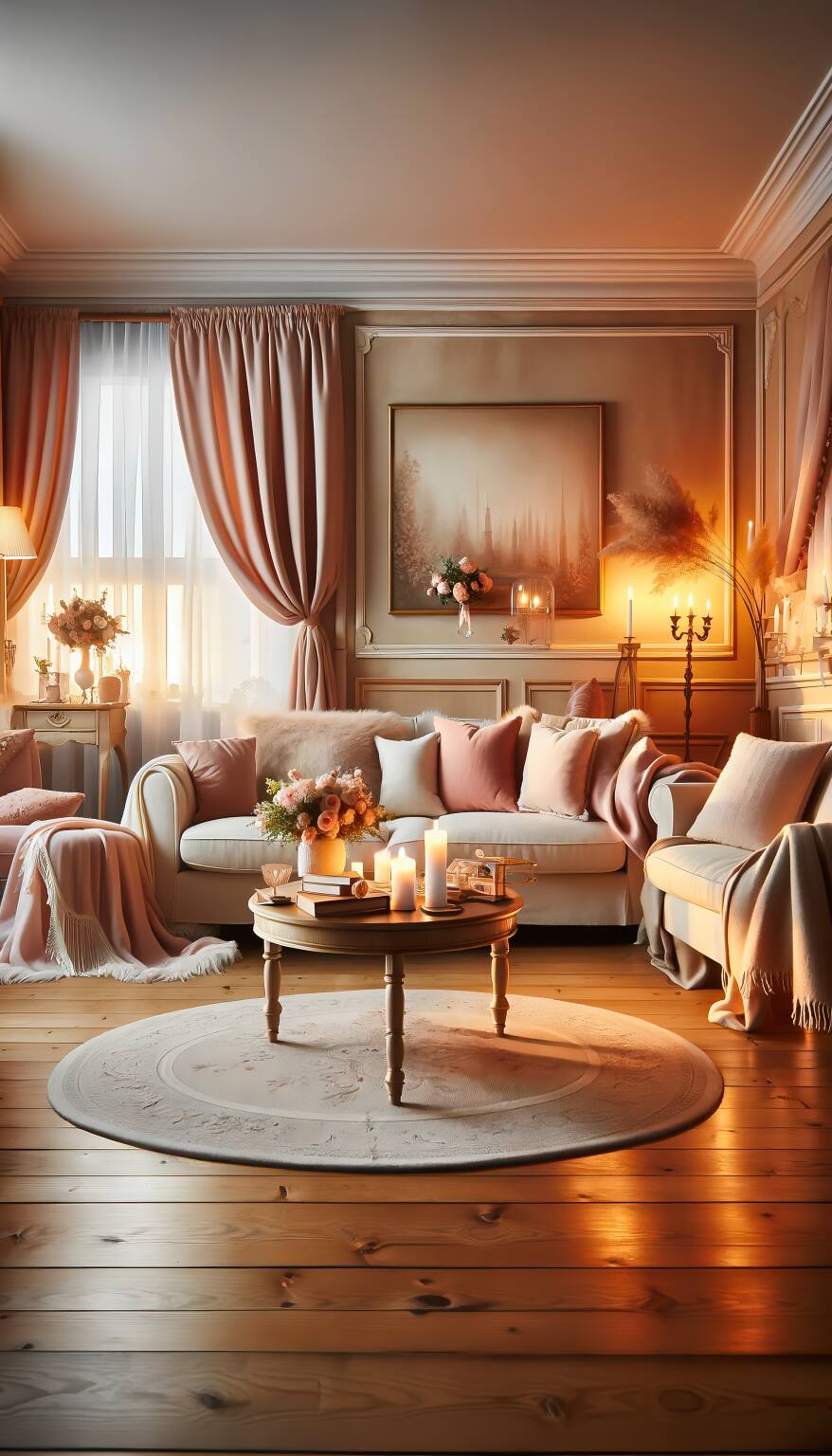 Romantic Style Living Room In Soft Rose And Ivory, Featuring A Velvet Love Seat, Ornate Fireplace, Draped Sheer Curtains, And A Crystal Chandelier.