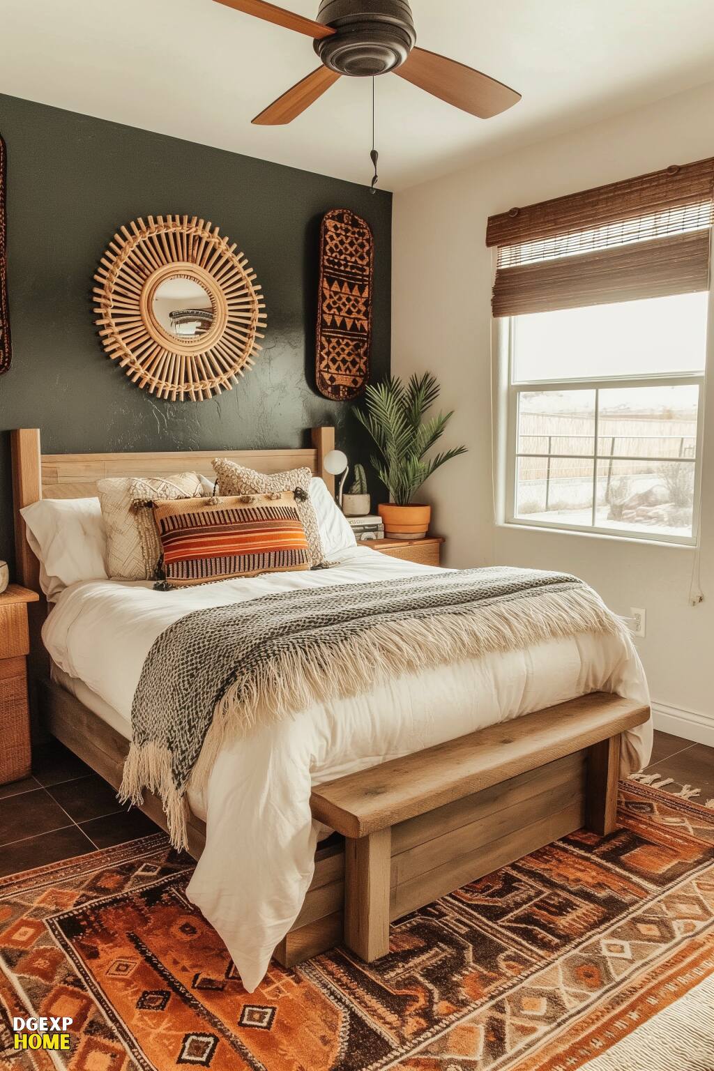 Southwestern Bedroom With Dark Teal Accent Wall, Natural Wooden Bed, Woven Wall Hangings, And A Patterned Area Rug