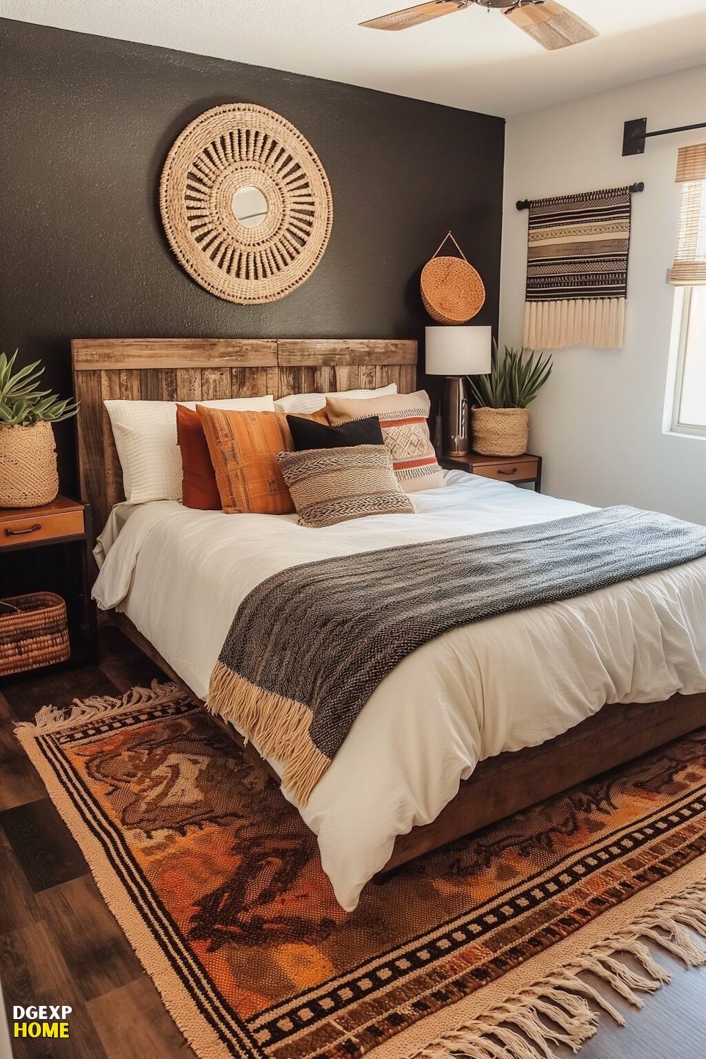 Chic Southwestern Bedroom With Black Accent Wall, Wooden Bed, Textured Pillows, Woven Wall Decor, And Ceramic Vases