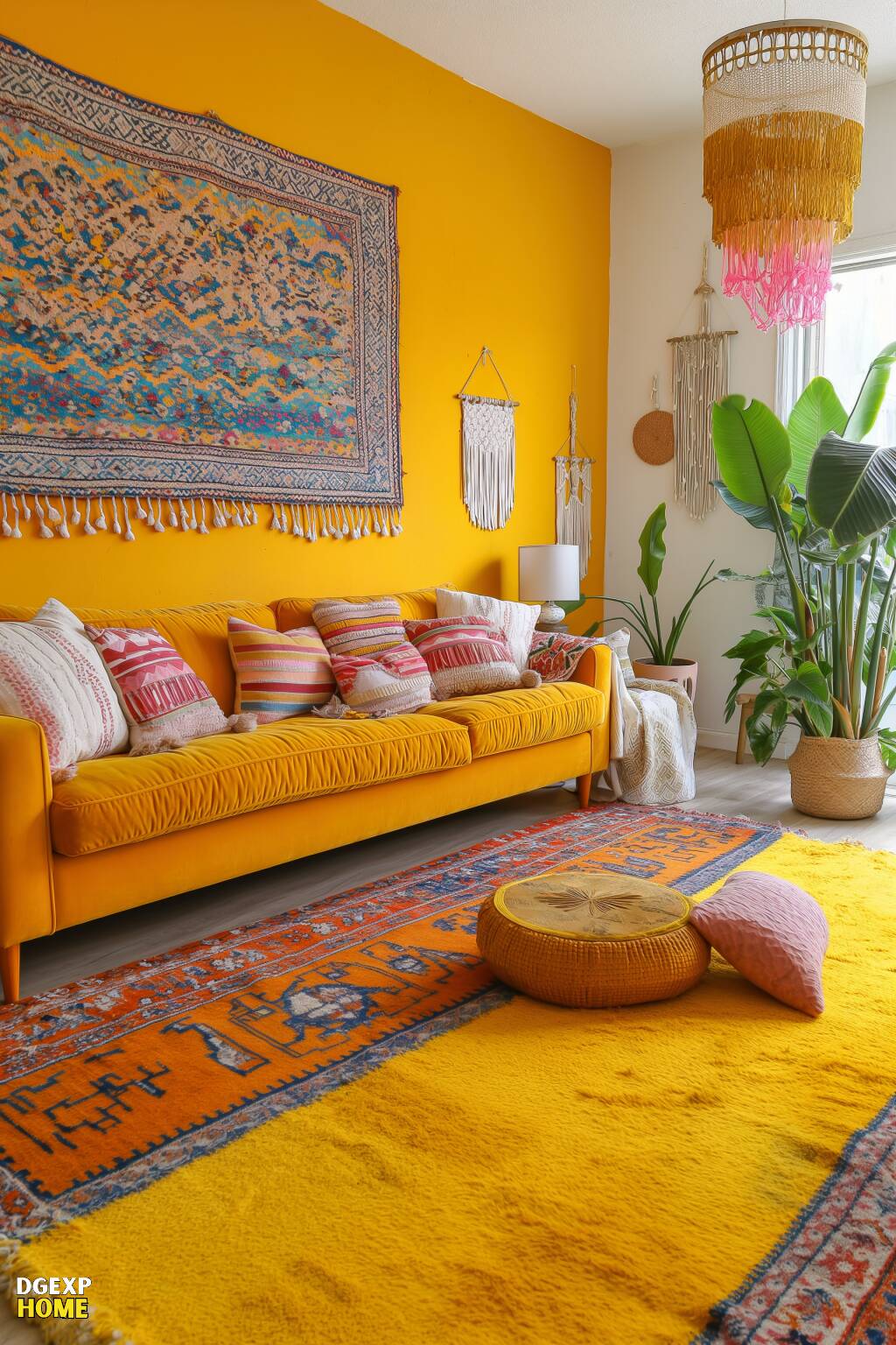 Sonnig-gelbes Boho-Wohnzimmer mit lebendigen Textilien, modernen Deko-Elementen und einer einladenden Atmosphäre