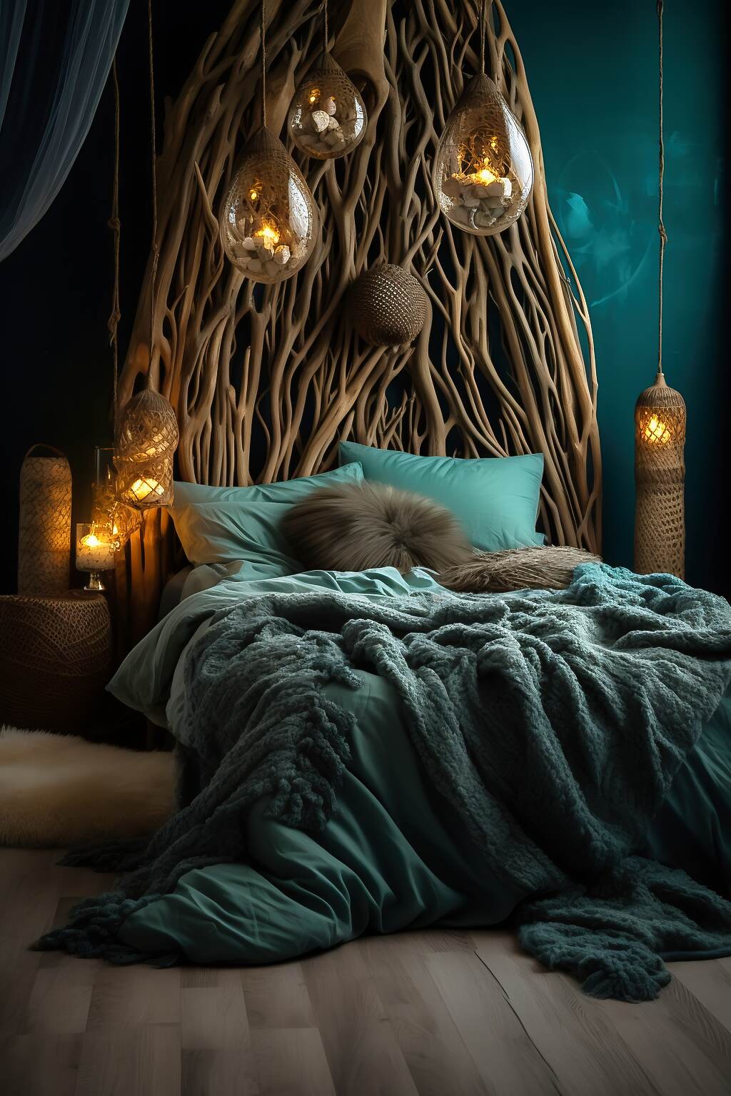 Small Dark Boho Bedroom With A Blue &Amp; Grey Color Scheme, Featuring Seashell Decor, Driftwood Furniture, And Ocean Art, Creating A Peaceful And Calming Atmosphere.