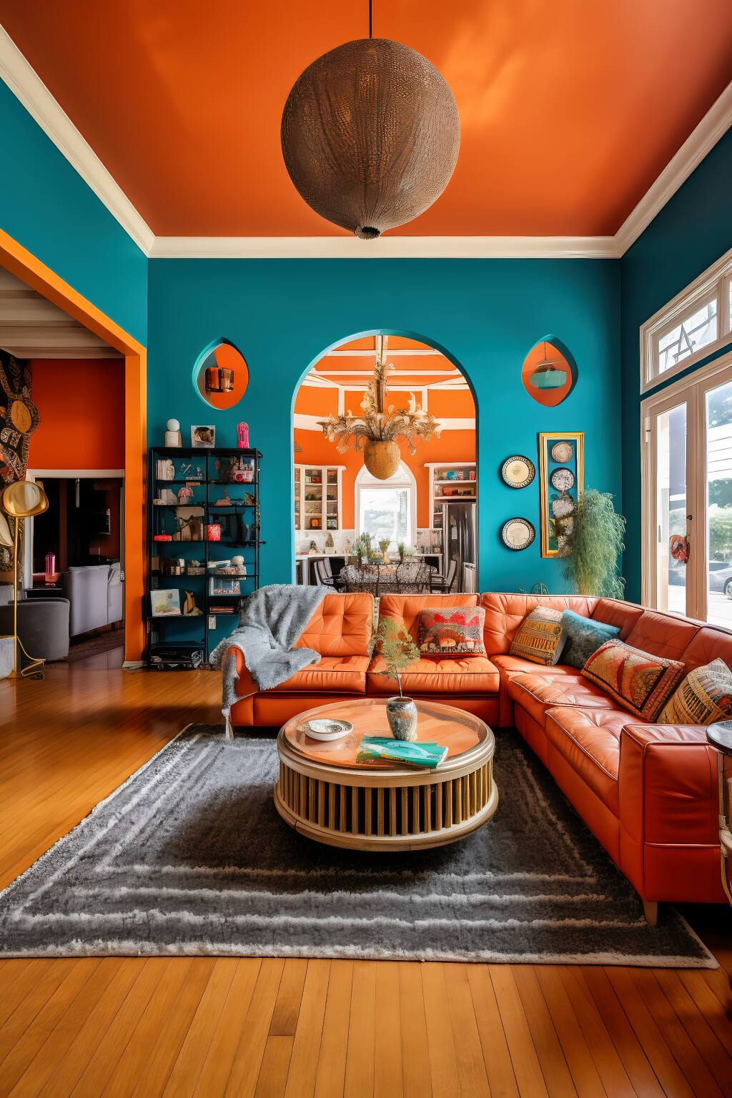 Modern Bohemian Living Room In Teal And Coral, Featuring A Modular Sectional Sofa, Abstract Art, And Geometric Accent Pillows.