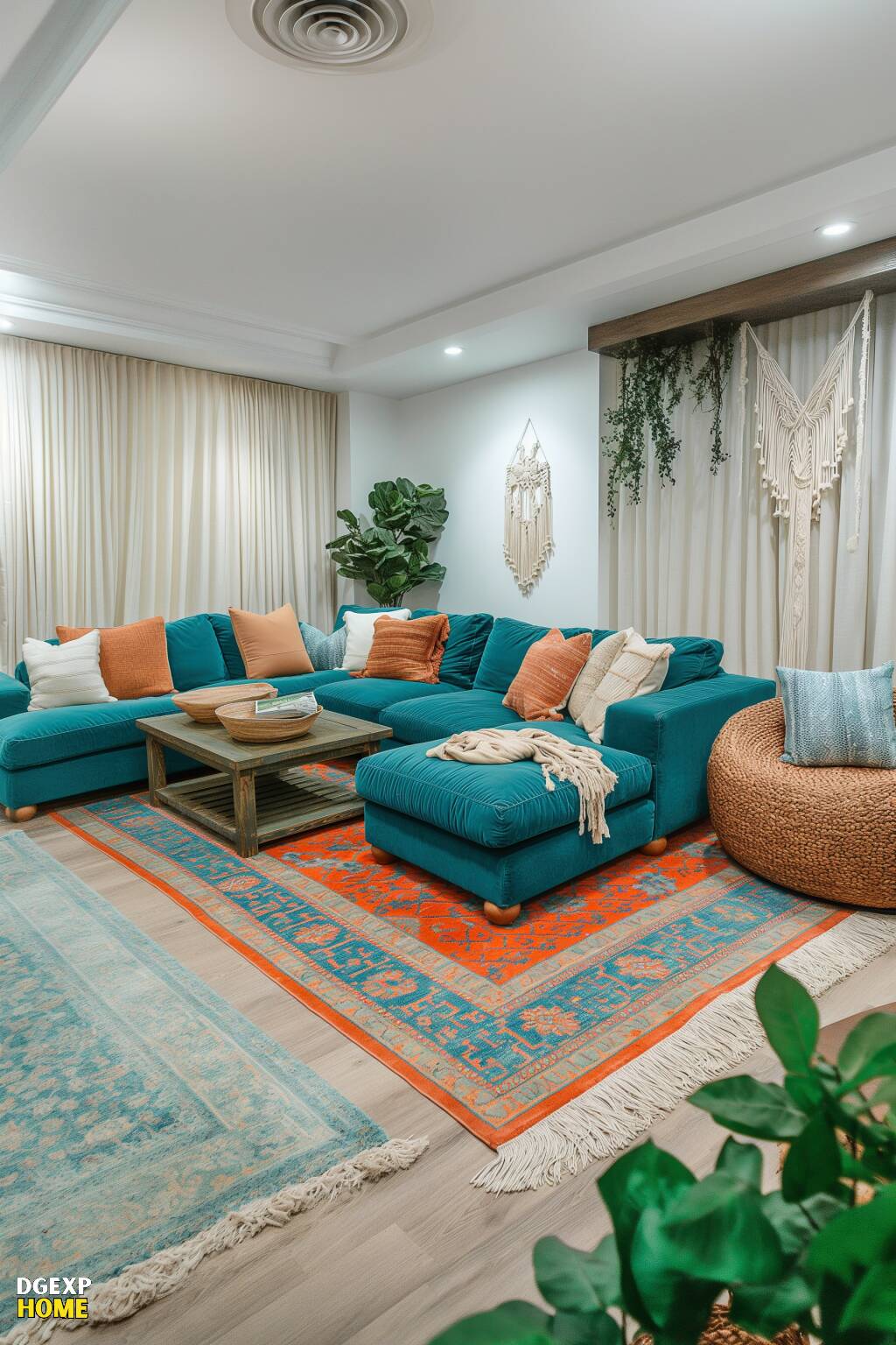 Kräftige tealfarbene Sofas mit korallenroten Akzenten in einem Boho-Wohnzimmer, ergänzt durch bunte Textilien und üppige Bepflanzung