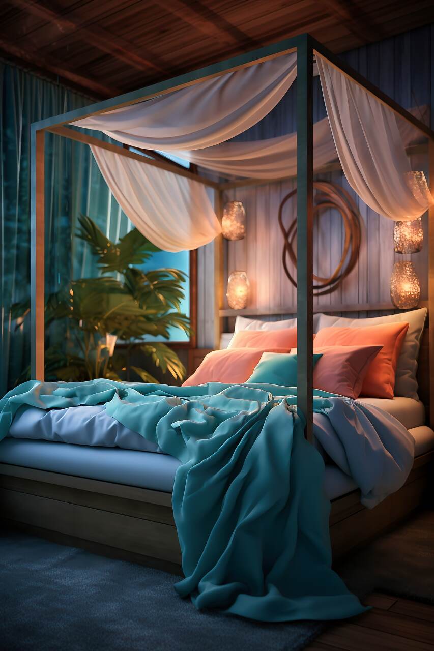 A Compact Coastal Bedroom With A Breezy Teal And Coral Color Scheme, Featuring Relaxed Furniture, A Daybed With A Plush Blanket, Nautical Art, And Rope Lighting, Creating A Tranquil And Romantic Atmosphere.