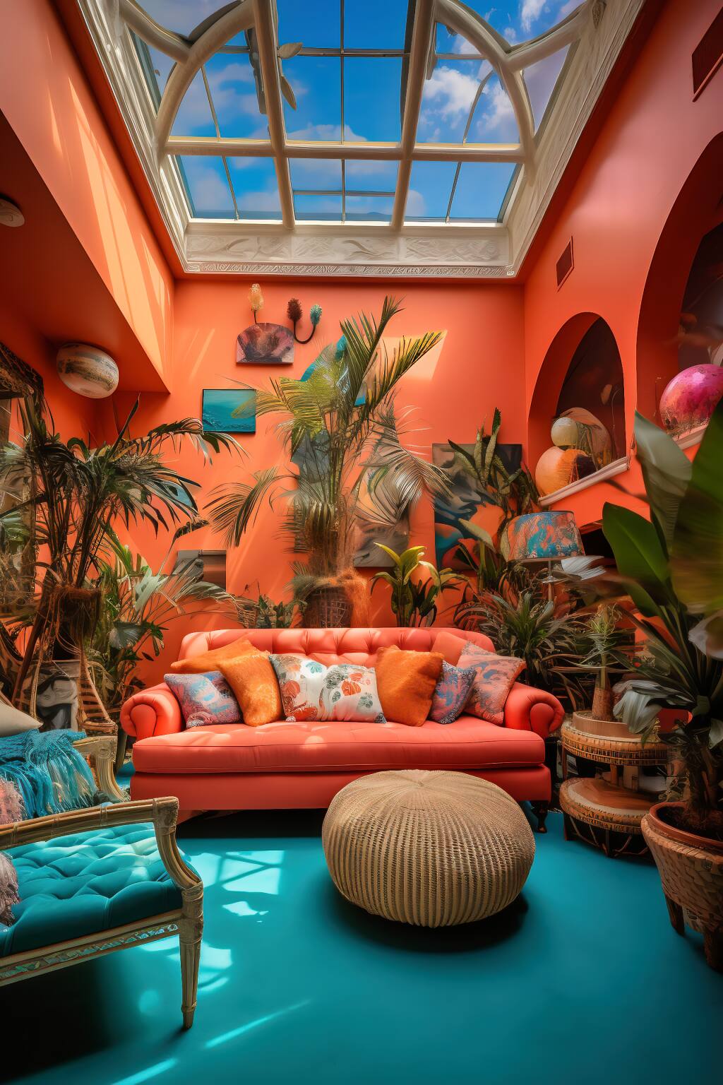 Tropical Bohemian Living Room In Teal And Coral, Featuring Bamboo Chairs, Tassel Throw Pillows, And Leafy Indoor Plants.