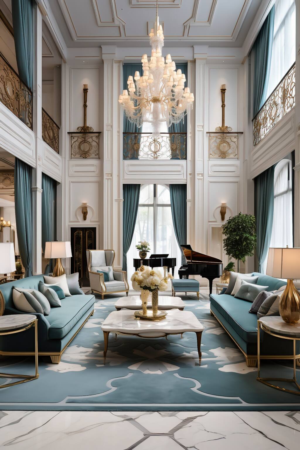 An Opulent Teal And Gold Living Room, With A Marble Floor That Adds A Touch Of Natural Elegance To The Vibrant, Luxurious Space.