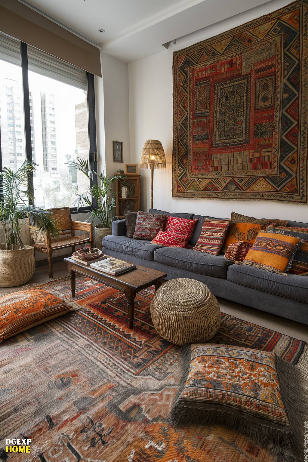 Urbanes Boho-Wohnzimmer mit schlichten grauen Sofas, lebendigen Textilien, üppigem Grün und stilvollem Dekor