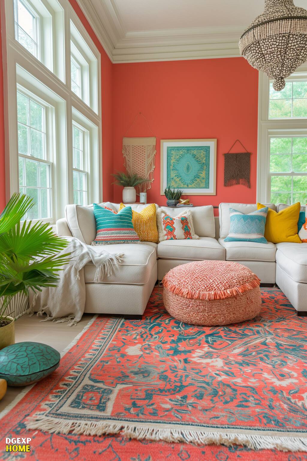 Lebendiges Korallensofa mit bunten Textilien in einem Boho-Wohnzimmer mit eklektischem Dekor und weichen grauen Wänden