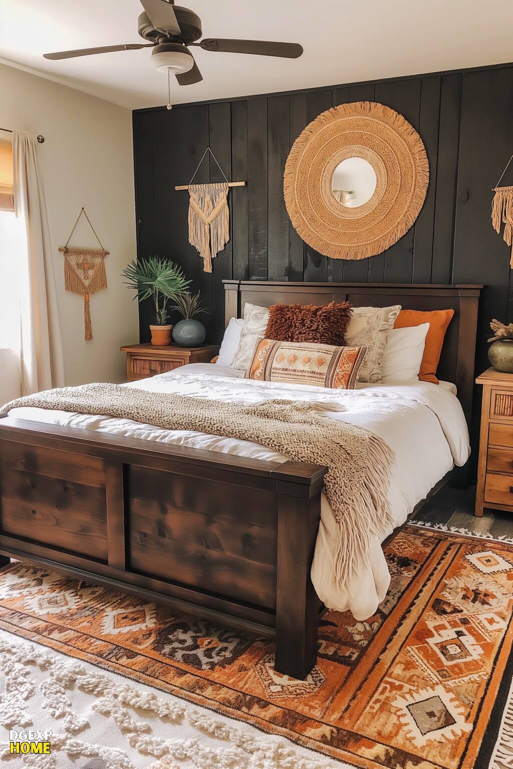Vibrant Southwestern Bedroom With Tribal-Patterned Rug, Wooden Bed, Leather Accents, And Metal Decorations